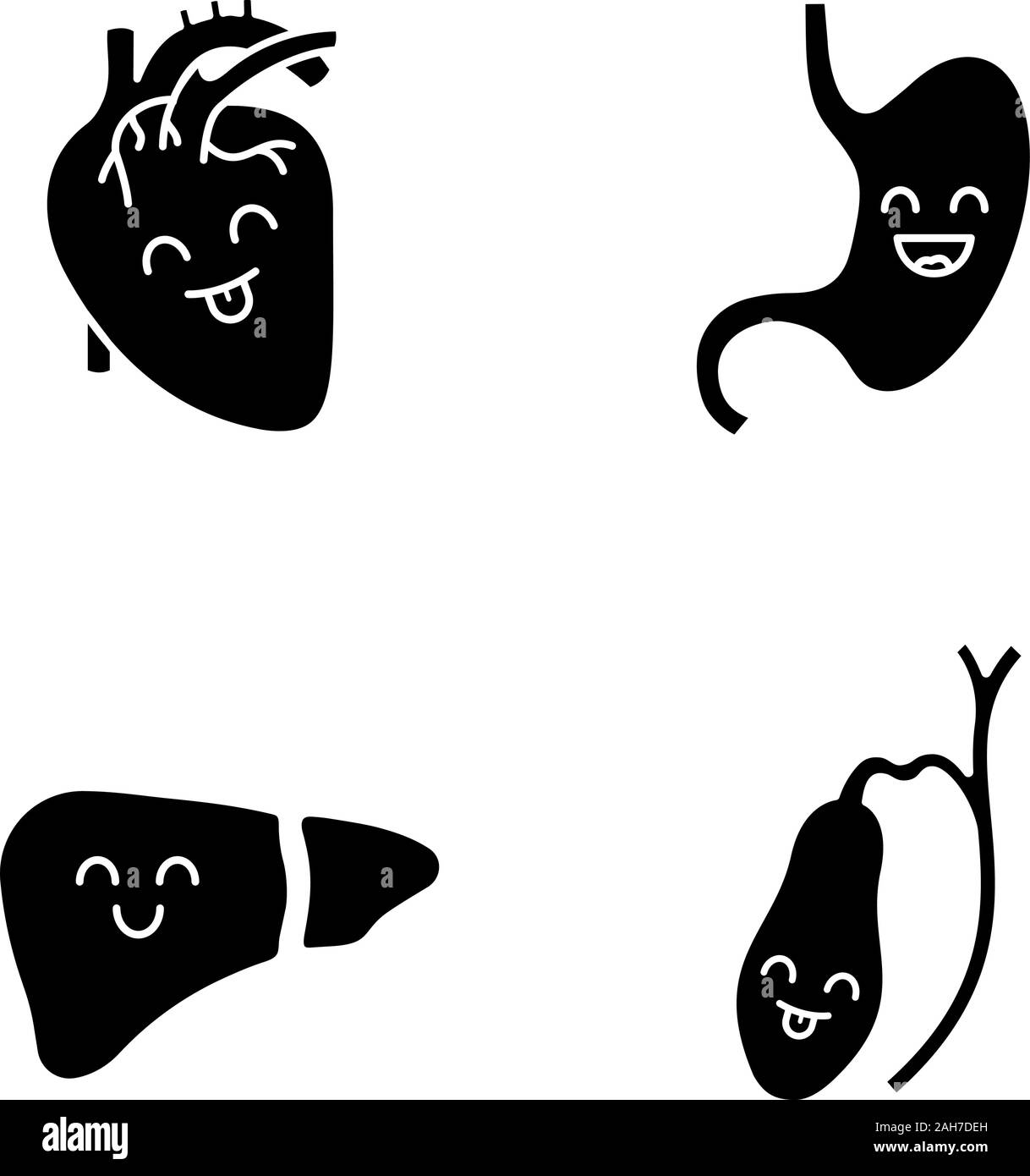 Les organes internes souriant glyphe icons set. Happy heart, estomac, foie, vésicule biliaire. Cardiovasculaire et digestif sain. Silhouette symb Illustration de Vecteur