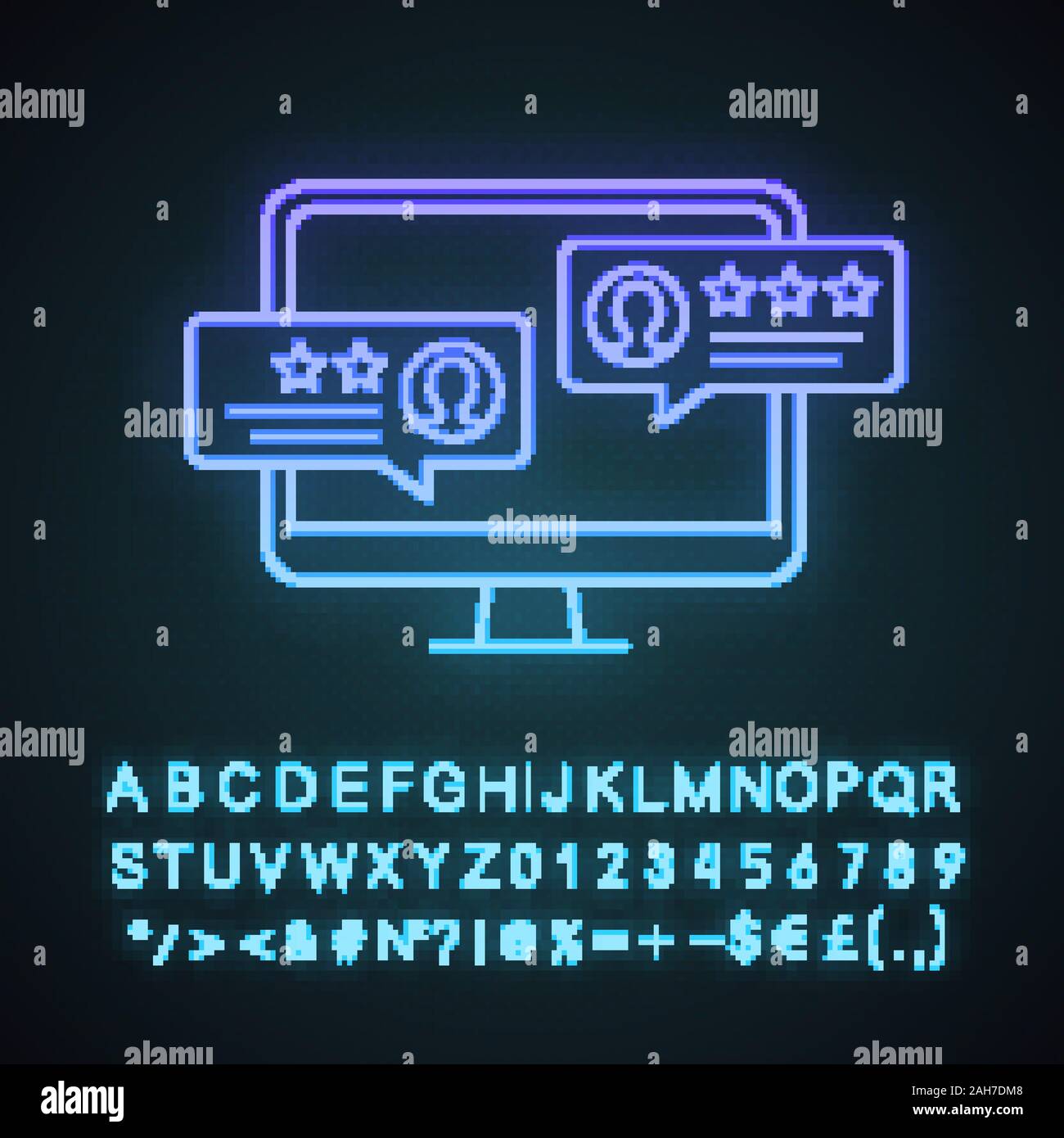 Customer reviews neon light icône. Les messages de rétroaction positive. 0. En matière de service à la clientèle. Écran de l'ordinateur. Signe éclatant avec l'alphabet, les nombres et s Illustration de Vecteur