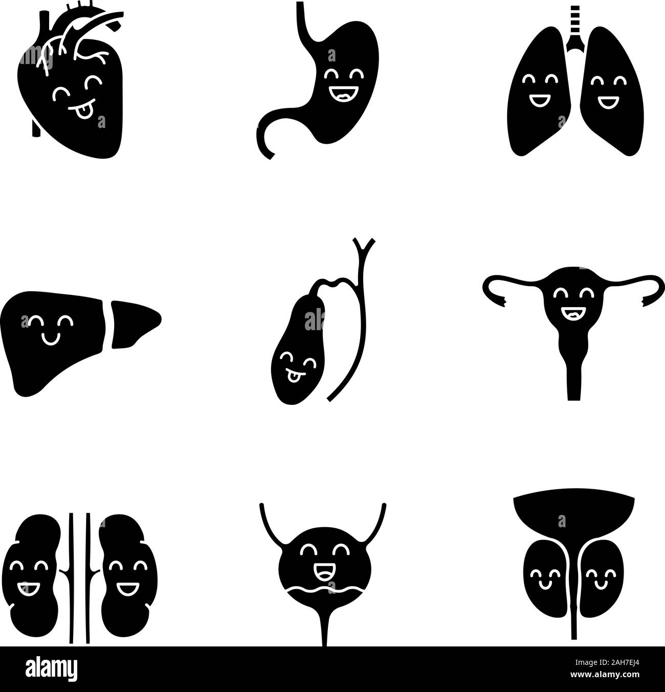 Les organes internes souriant glyphe icons set. Respiratoire, urinaire, reproducteur, digestif, la santé. Symboles de Silhouette. Vector isolated illus Illustration de Vecteur