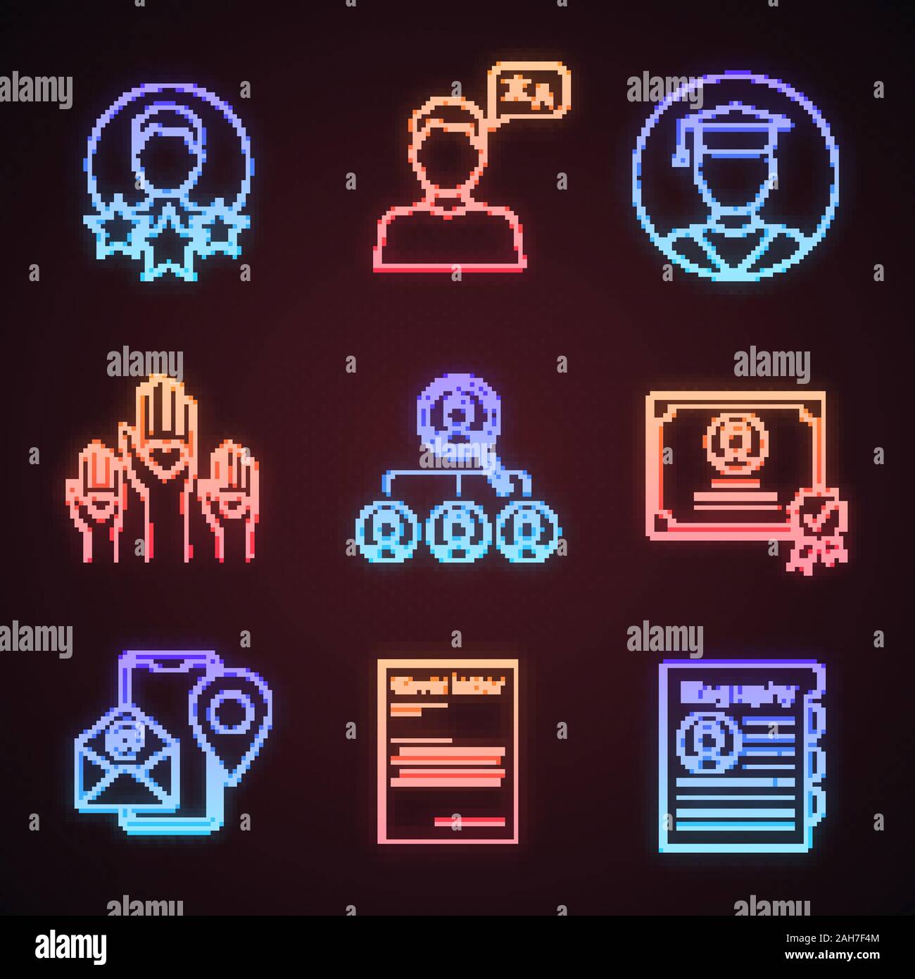 Reprendre neon light icons set. Expérience, compétences linguistiques, d'éducation, le bénévolat, vacance, certificat, l'information de contact, lettre, biographie. Illustration de Vecteur