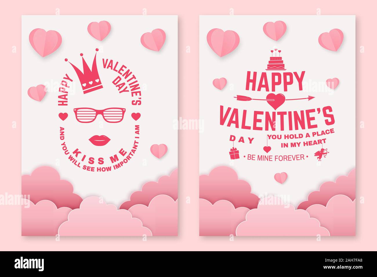 Jeu de Happy Valentines Day affiche, flyer, cartes de vœux. Définir invitation, affiches, brochure, bon de réduction, des bannières avec des nuages, des oiseaux, des coeurs, de l'amour. La conception de scénario pour la Saint-Valentin Illustration de Vecteur