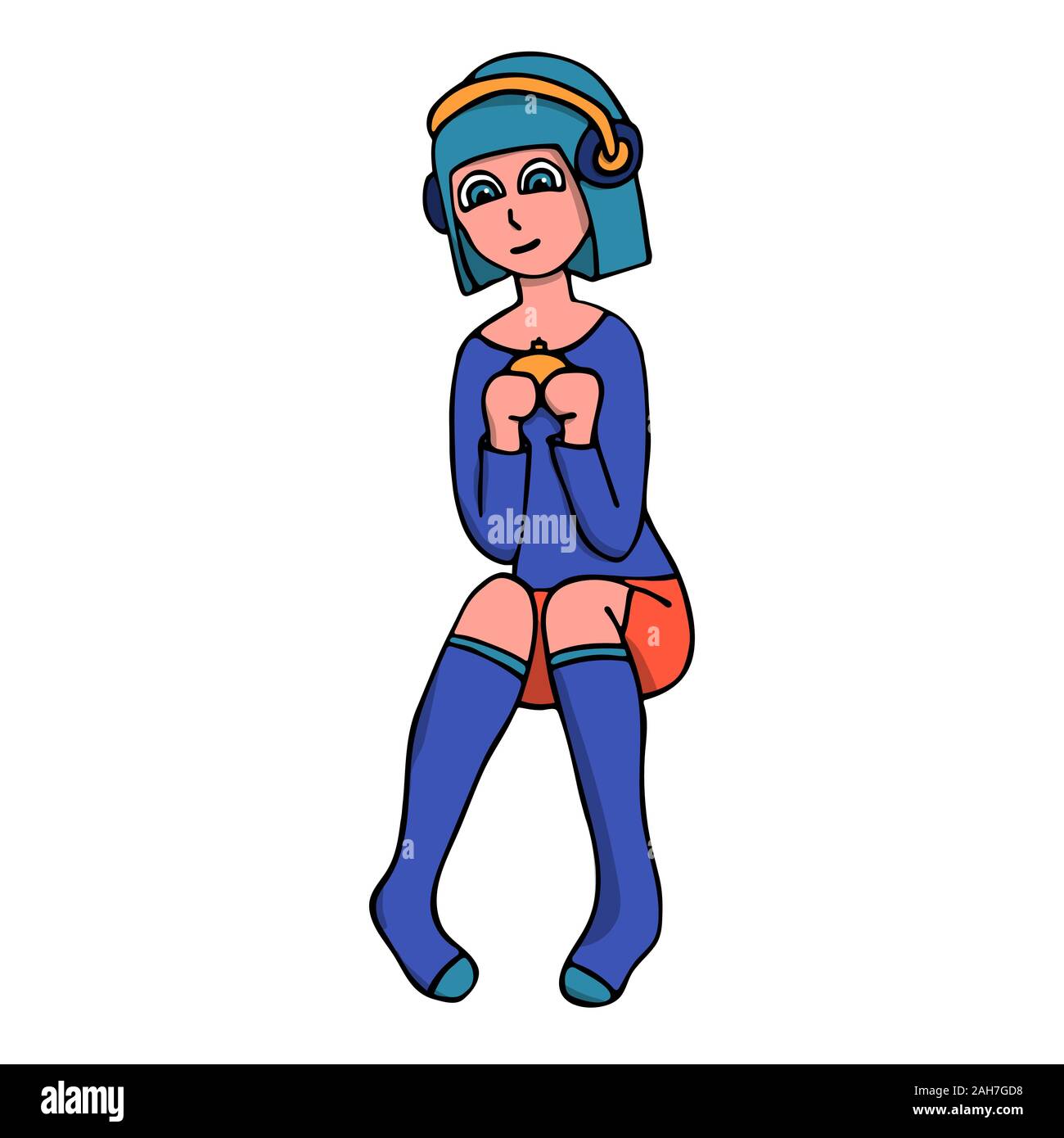 Cute white girl gamer avec une manette dans les mains et les écouteurs. Fond blanc stock isolé vector illustration Illustration de Vecteur