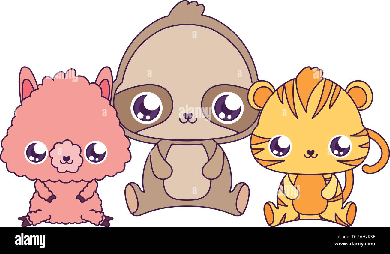 Llama sloth et Tiger, expression design dessins Kawaii mignon petit