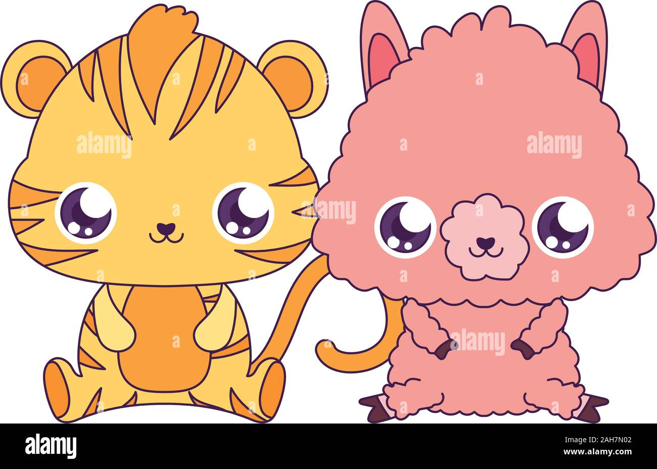 Tiger et de lamas, expression design dessins Kawaii mignon petit personnage drôle et thème emoticon Vector illustration Illustration de Vecteur