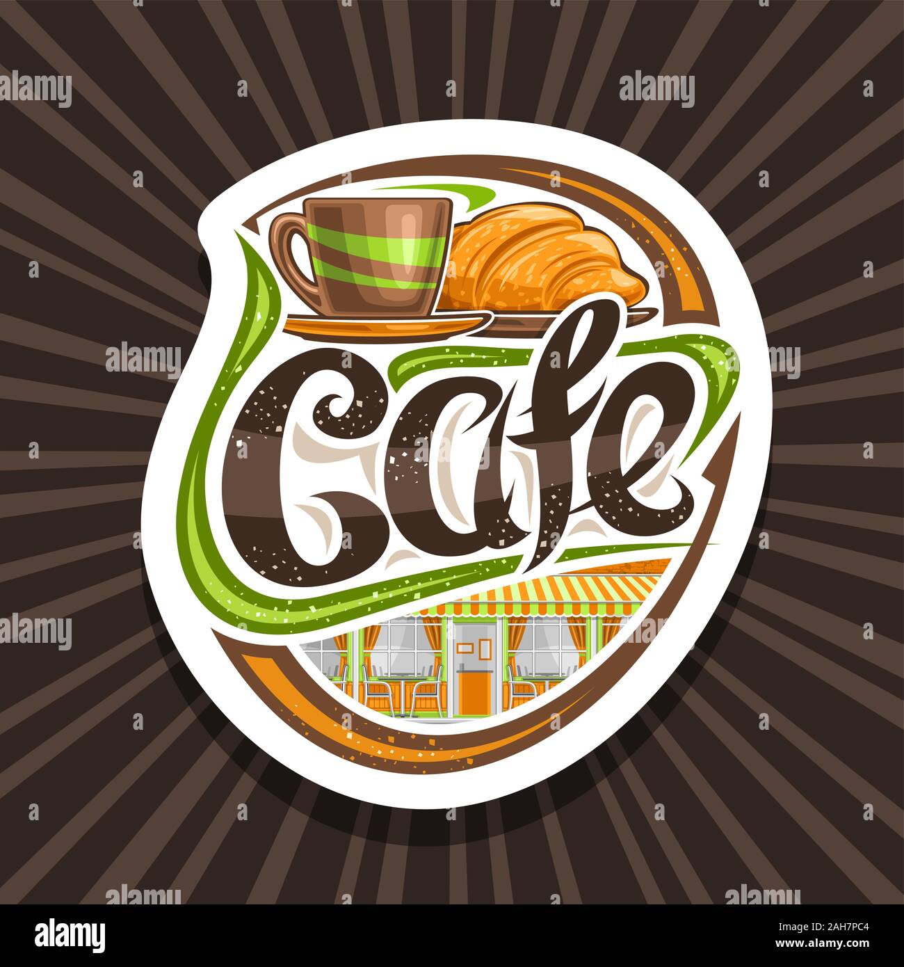 Logo Vector pour Street Cafe, couper le papier décoratif signe avec illustration de tasse à café et croissants frais, caractère original pour word cafe, pancarte Illustration de Vecteur