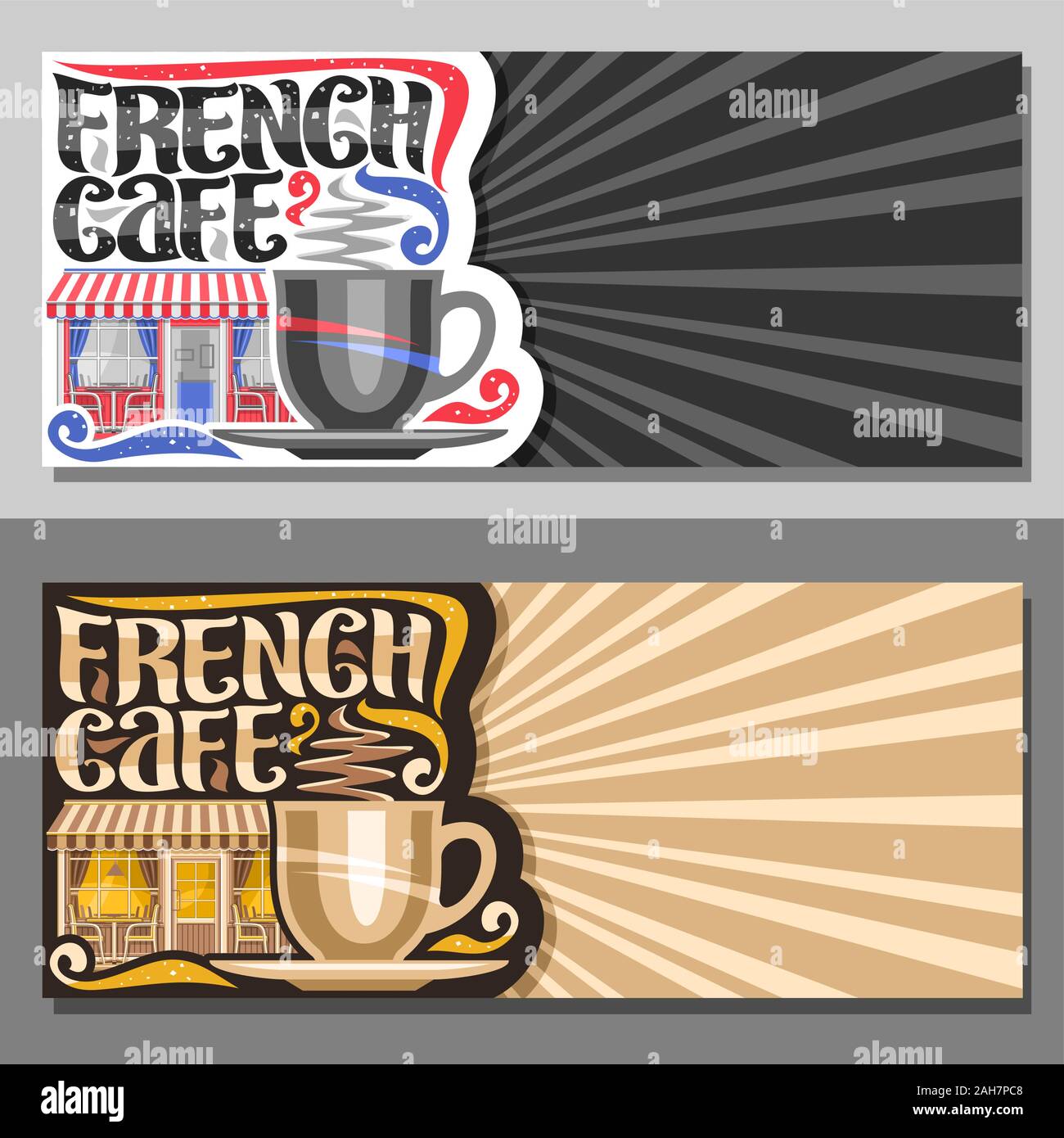 Les modèles vectoriels pour café français avec copie espace décoratif, des circulaires de promo avec tasse à café, de caractères d'origine des mots français cafe, panneau pour s Illustration de Vecteur