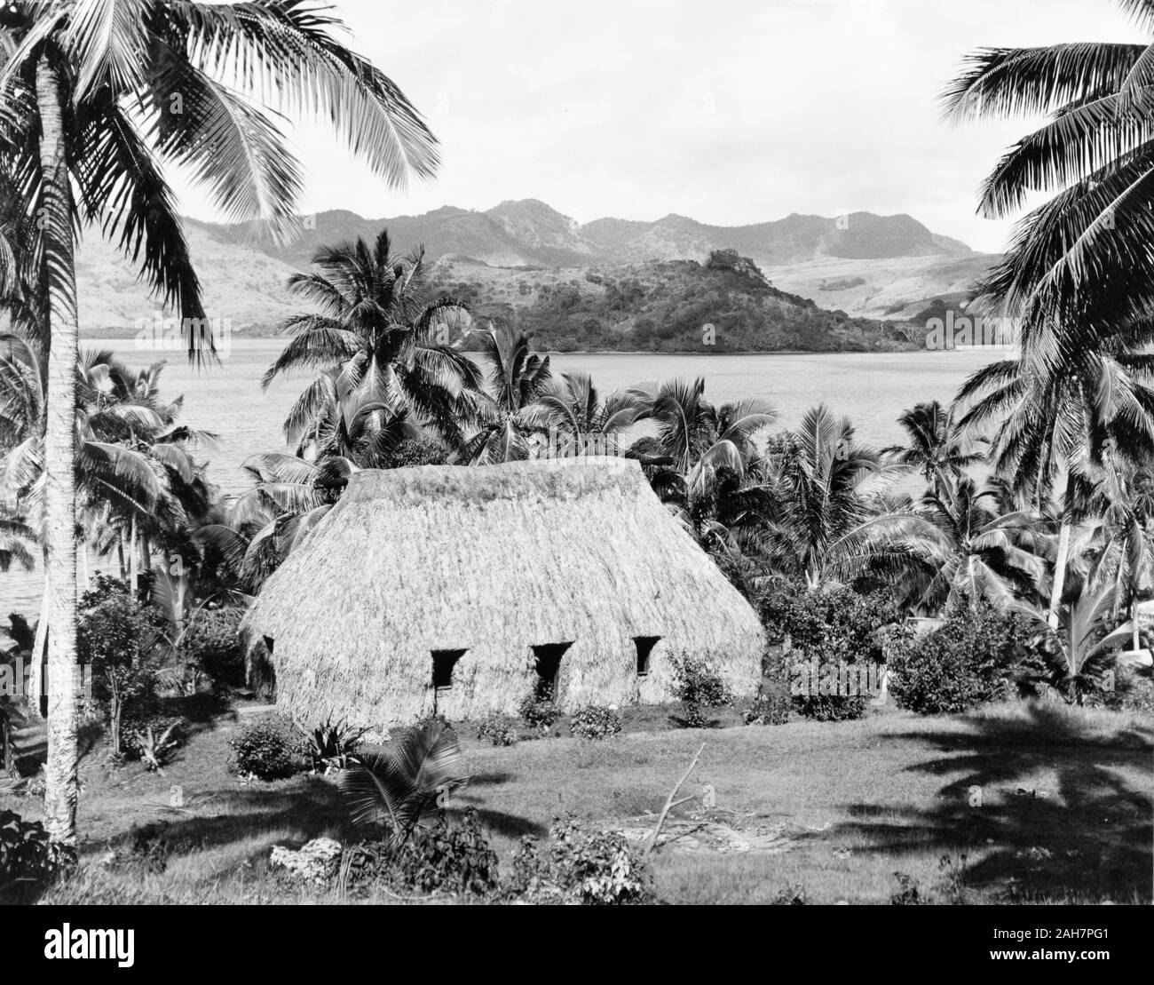 Fidji, un 'fidjienne traditionnelle bure'A 'fidjienne traditionnelle bure' (logement) se trouve au milieu de palmiers au bas d'une pente, surplombant une baie côtière. Bures comme ce sont généralement constitués d'un cadre en bois, qui est terminée recouverte de feuilles tissées et de chaume. Sous-titre suivant : logement des autochtones fidjiens typique ou "Bure", 1965. 2005/010/1/14/17. Banque D'Images