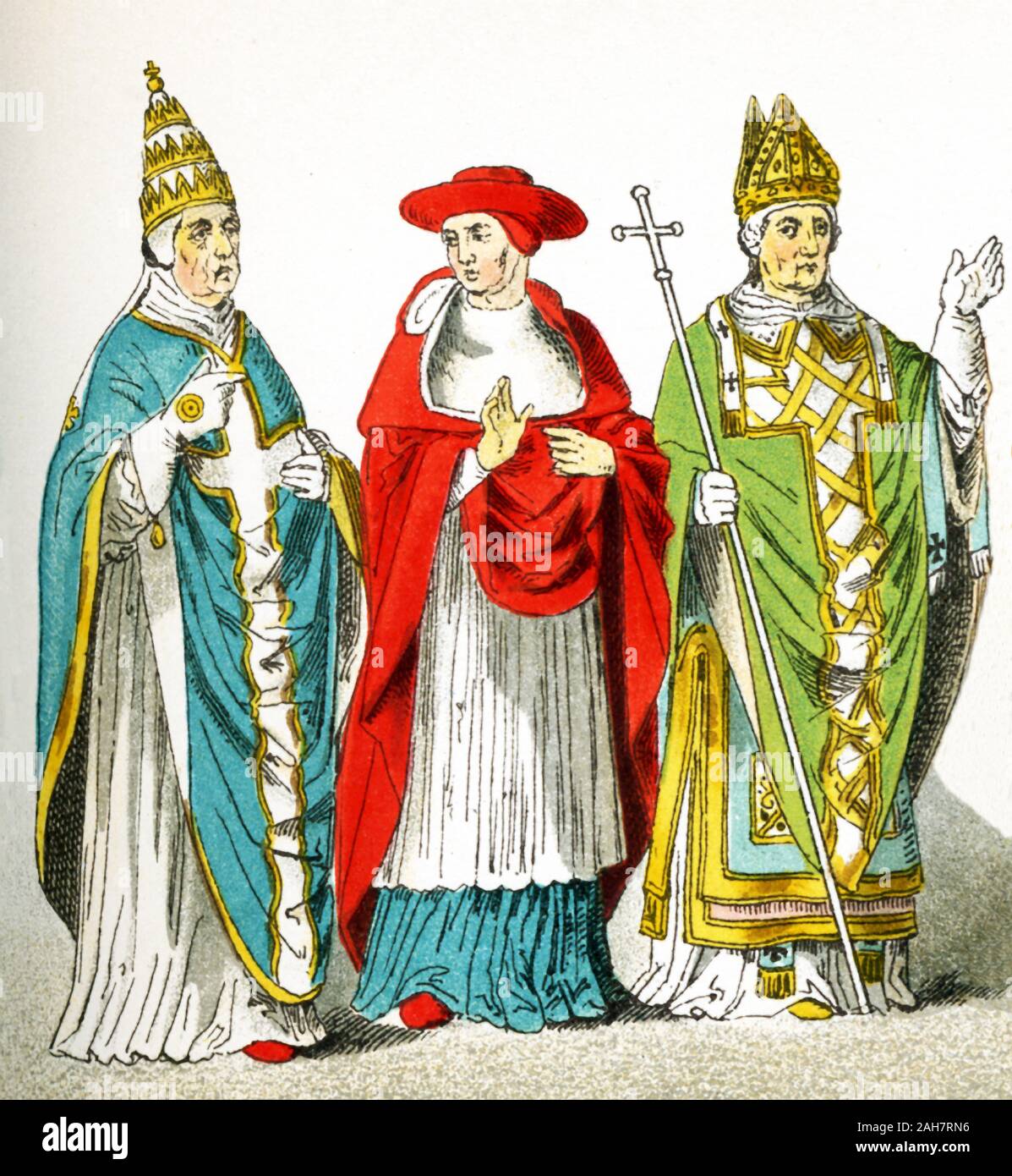Les chiffres de cette image sont les Italiens de l'an 1300 de notre ère. Ils représentent, de gauche à droite : un pape, un cardinal, un archevêque. L'illustration dates à 1882. Banque D'Images