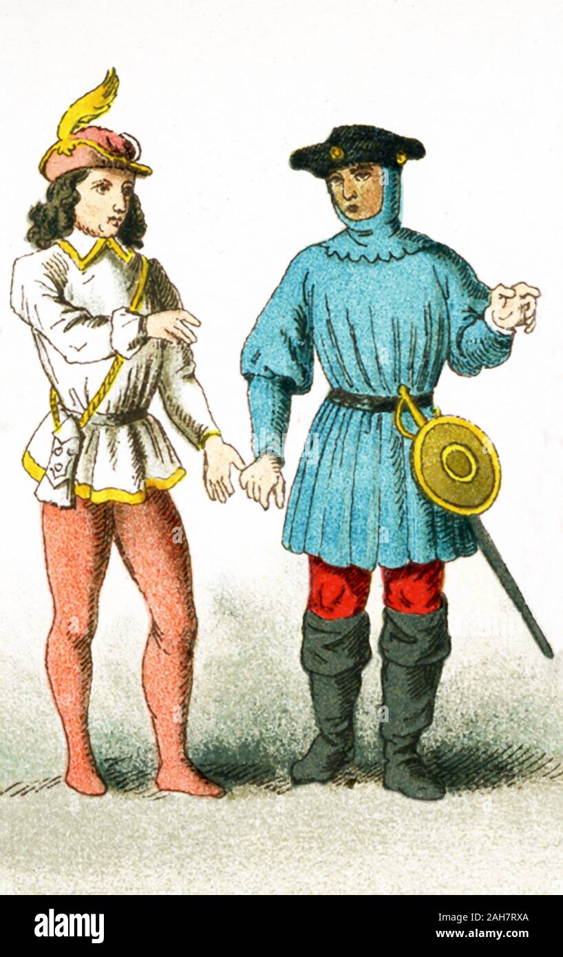 L'image montre deux hommes servant britannique entre 1450 et 1500. L'illustration dates à 1882. Banque D'Images