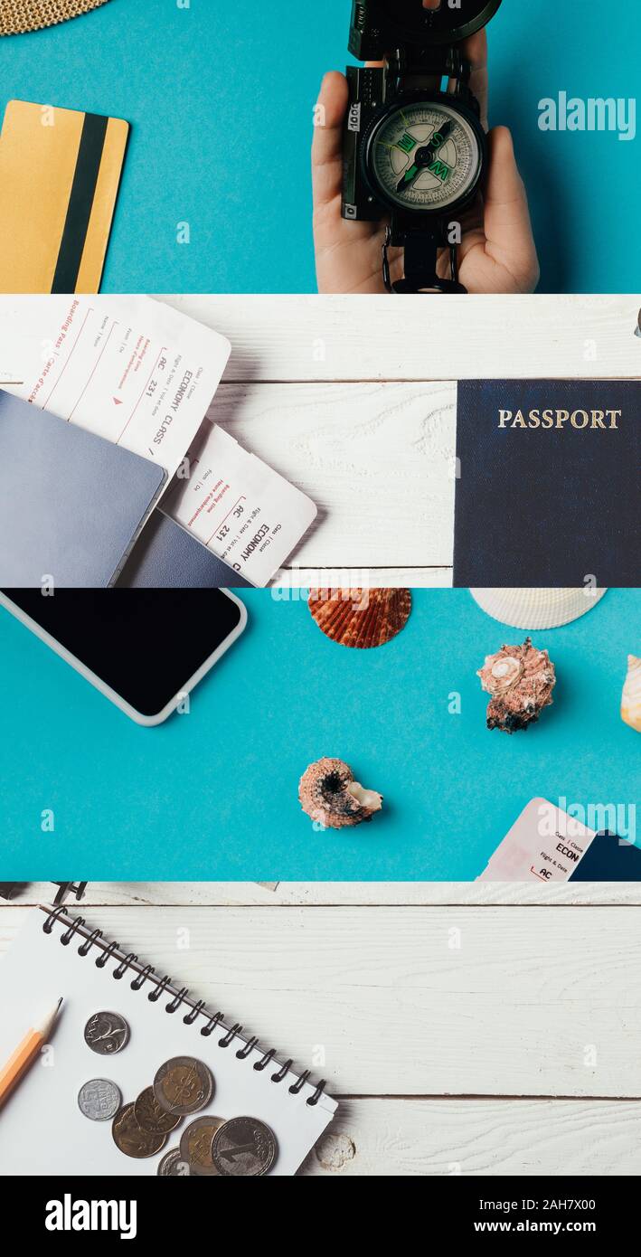Collage des passeports avec vos cartes d'embarquement, de coquillages, d'argent, smartphone, boussole en main des femmes et ordinateur portable avec crayon sur bleu et blanc en bois retour Banque D'Images