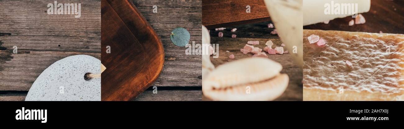 Collage de savon naturel, sels de bain et d'un coquillage sur fond marron en bois Banque D'Images