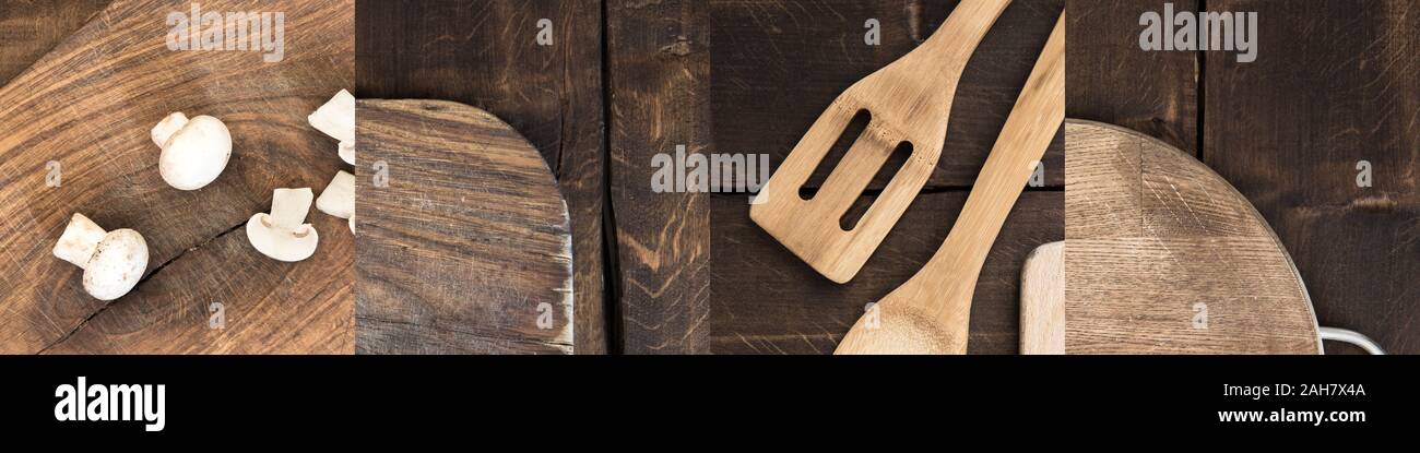 Collage de couper les champignons, découper et spatules en bois sur table marron Banque D'Images