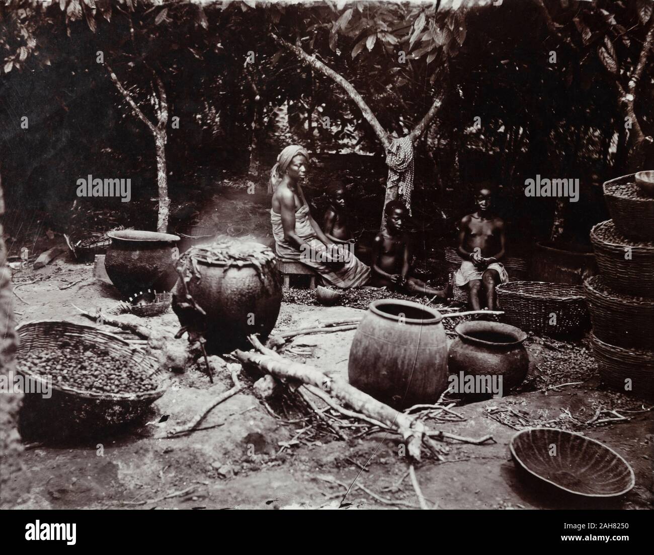 Le Nigeria, le marquage au verso : 'No 2 Préparation et nettoyage'. Une femme et trois enfants suivent plus de l'huile de palme pour l'écrou de l'Afrique de l'écrous Oil Company, [c.1920s]. 2/25/2000/098. Banque D'Images