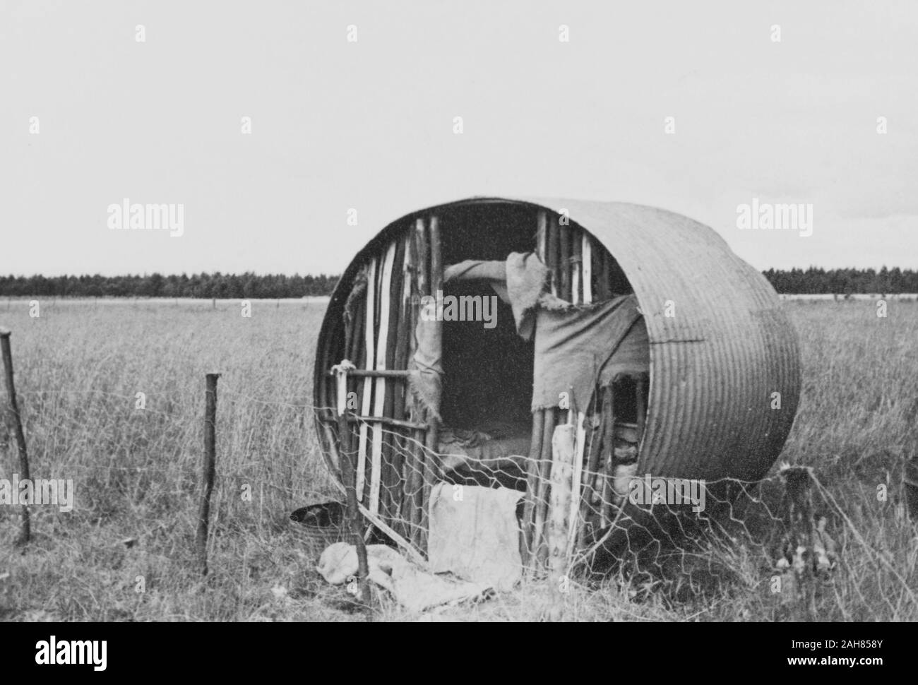 Au Kenya, une cabane de berger, fait à partir d'un cylindre de tôle ondulée et enrichis avec des branches d'arbre, se dresse dans un champ sur le manuscrit original des plaines de Laikipia.caption : une cabane de berger sur les plaines de Laikipia. Années 1930, années 1930. 1995/076/1/2/3/43. Banque D'Images