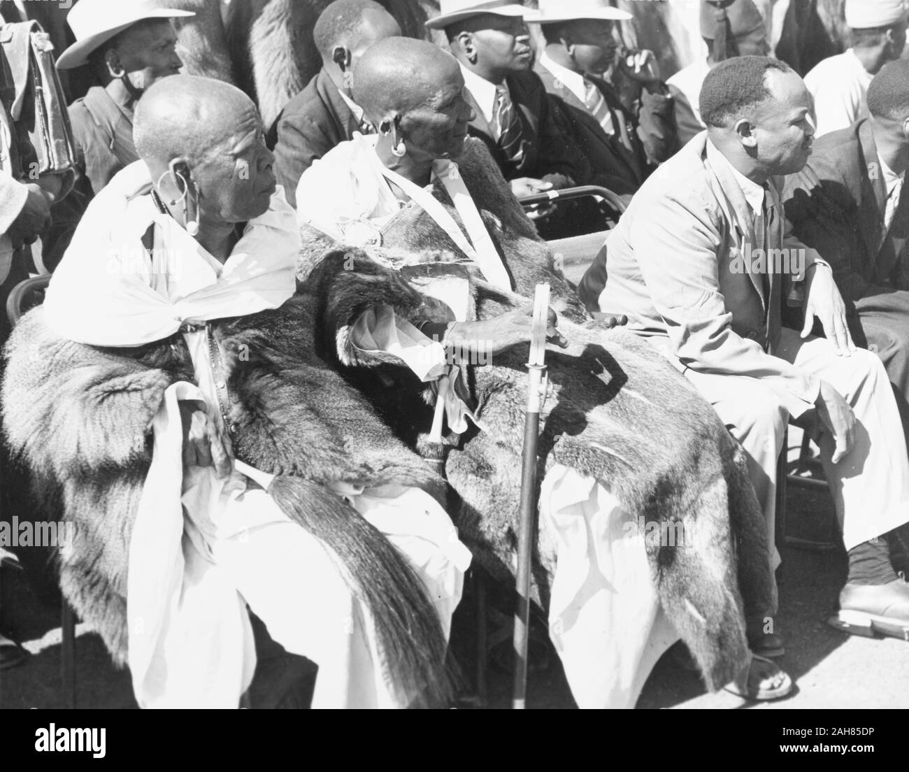 Au Kenya, deux chefs âgés, vêtus de fourrures et du transport personnel de cérémonie, attendre l'arrivée de la princesse Elizabeth et le duc d'Édimbourg à Eastleigh Airport. Ils sont assis à l'avant d'une foule de spectateurs africains, février 1952. 2001/090/1/4/1/5. Banque D'Images