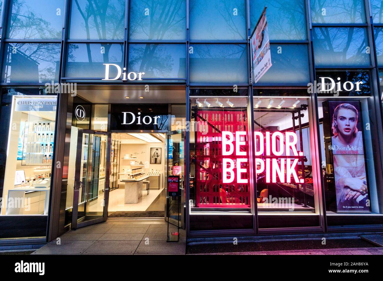 Fenêtre store Dior et entrée à Omotesando Hills Mall, Tokyo. L 'être Dior. Être Pink' pour le rouge à lèvres Dior Addict Shine brillante campagne. La nuit. Banque D'Images