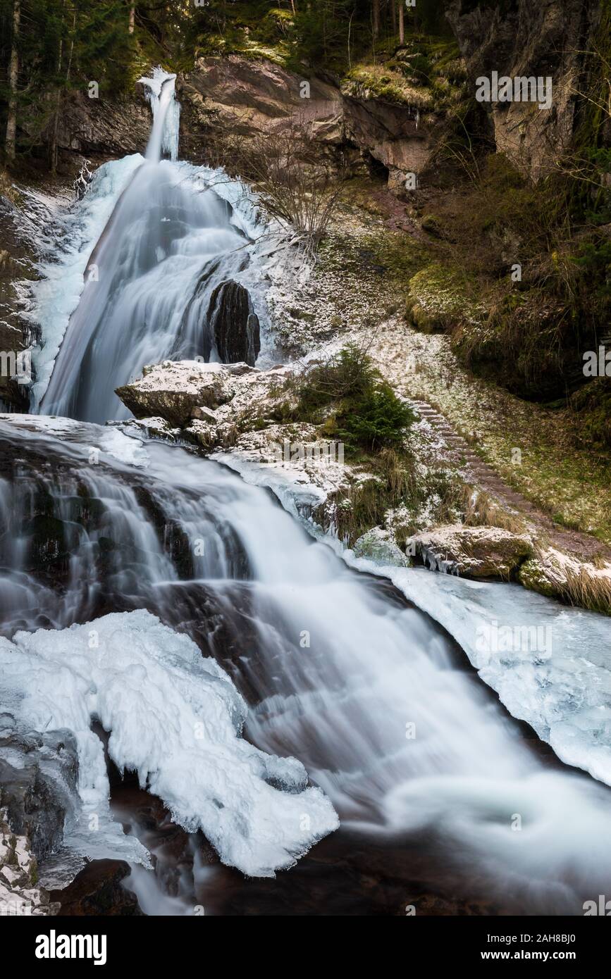 Vue panoramique sur une cascade gelée dans le nord de l'italie, entourée de rochers couverts de glace et de pins Banque D'Images