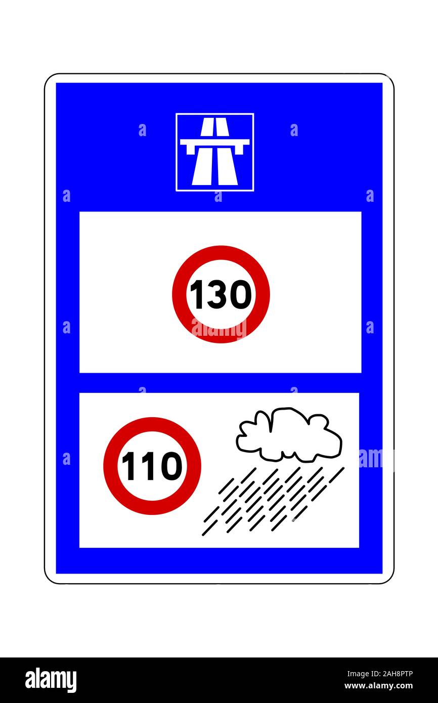 La limite de vitesse sur autoroute française avec un temps pluvieux illustration Banque D'Images