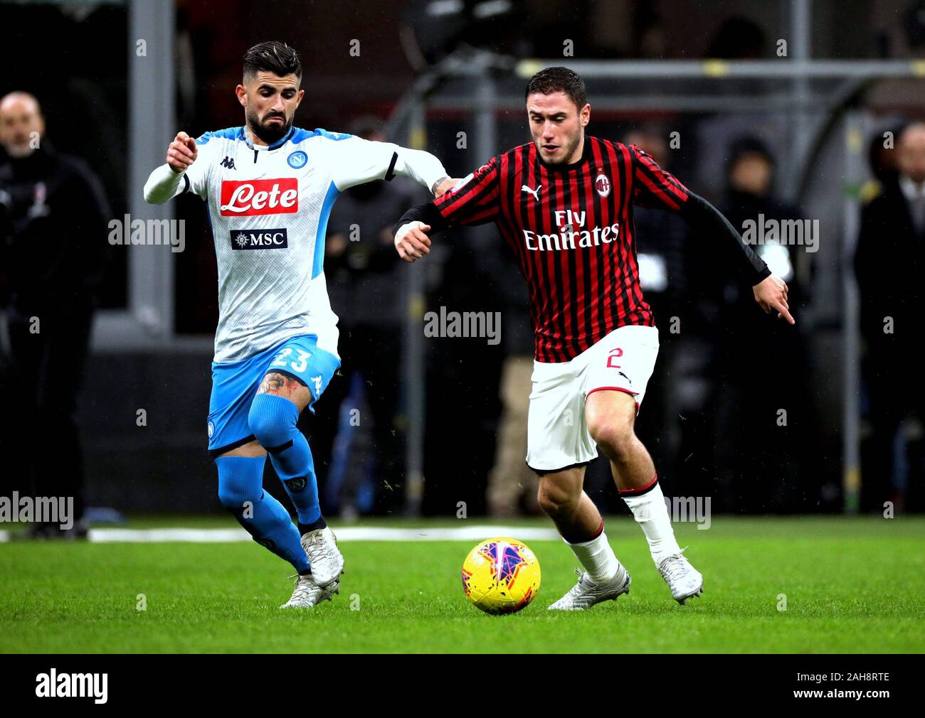 Milan, ITALIE - 23 novembre 2019: Elseid Hysaj et Davide Calabria en action pendant la série A 2019/2020 MILAN / NAPLES au stade San Siro. Banque D'Images