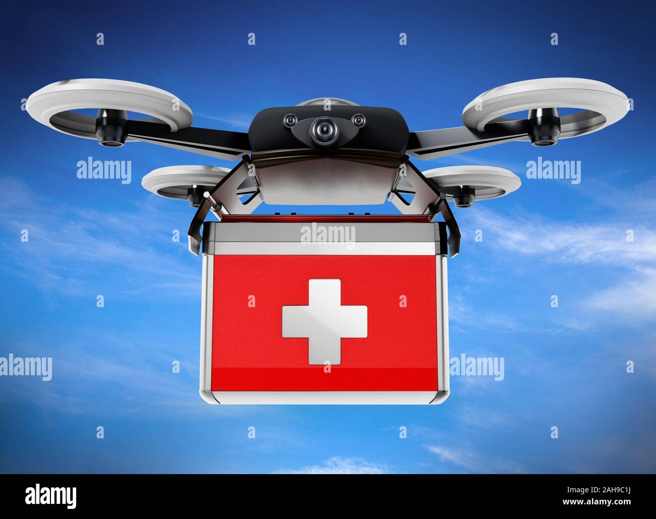Drone transportant le boîtier métallique, boîte de médicaments. 3D illustration. Banque D'Images