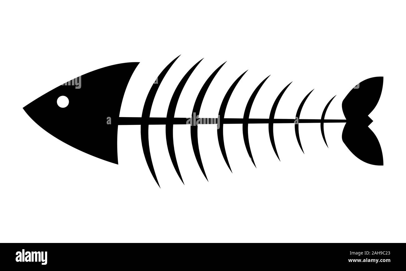 L'icône poisson squelette vecteur, symbole de l'os de poisson plat silhouette noire sur fond blanc, de conception simple. Illustration de Vecteur