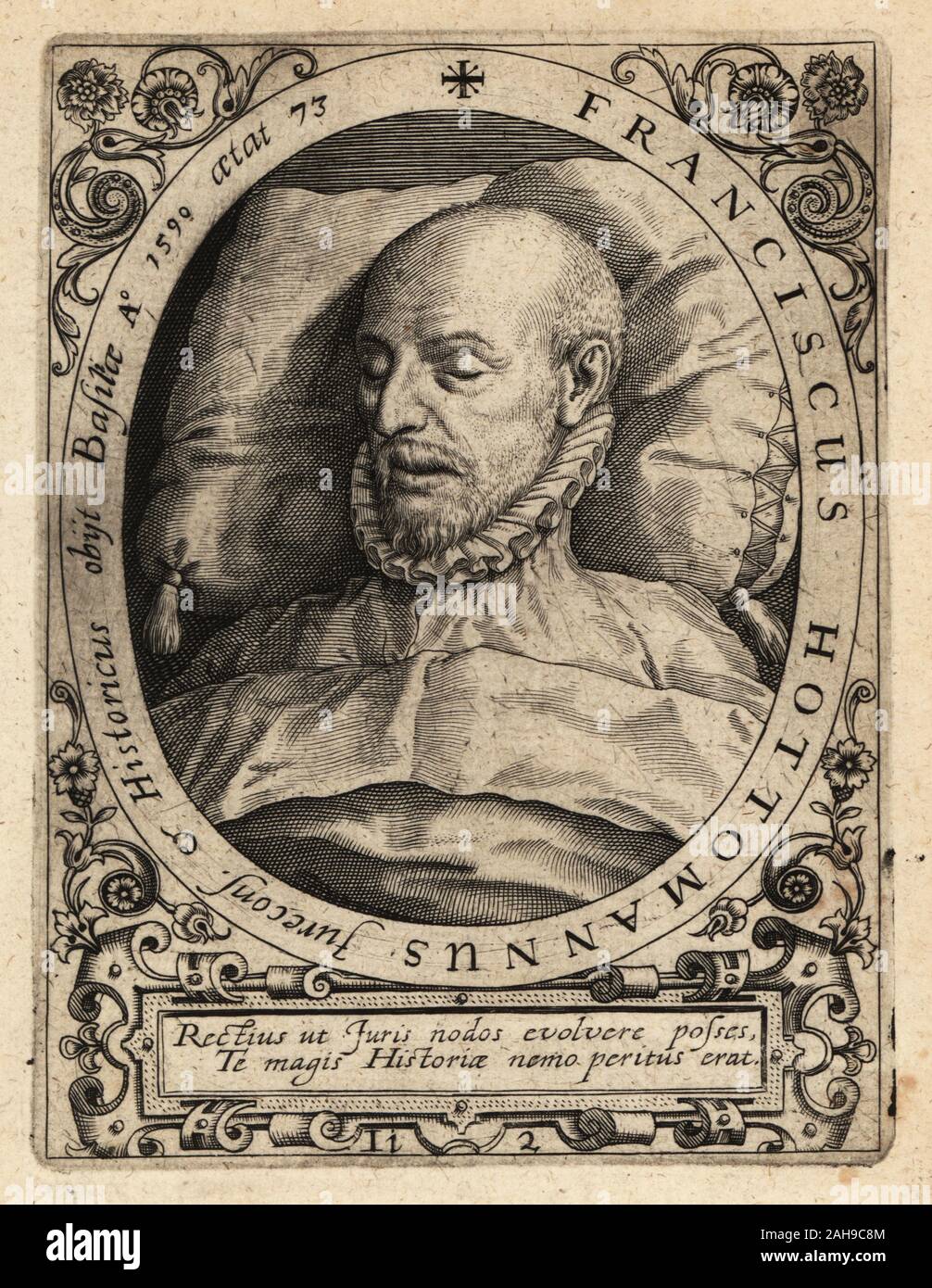François Hotman, sur son lit de mort, 1524-1590. Avocat et écrivain protestant français. Franciscus. Hottomannus La gravure sur cuivre de Johann Theodore de Bry de la Bibliotheca chalcographica Jean-Jacques Boissard, Johann Ammonius, Francfort, 1650. Banque D'Images