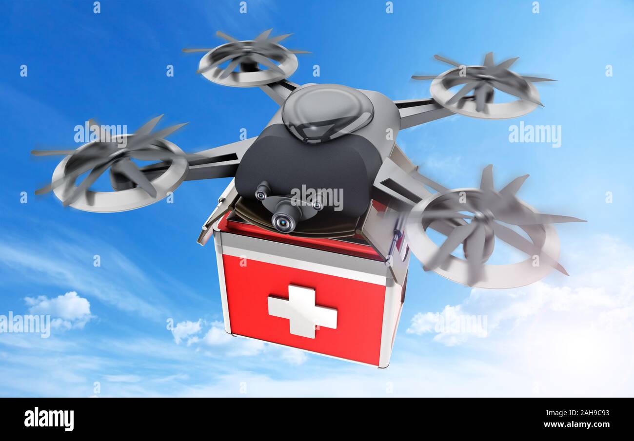 Drone transportant le boîtier métallique, boîte de médicaments. 3D illustration. Banque D'Images