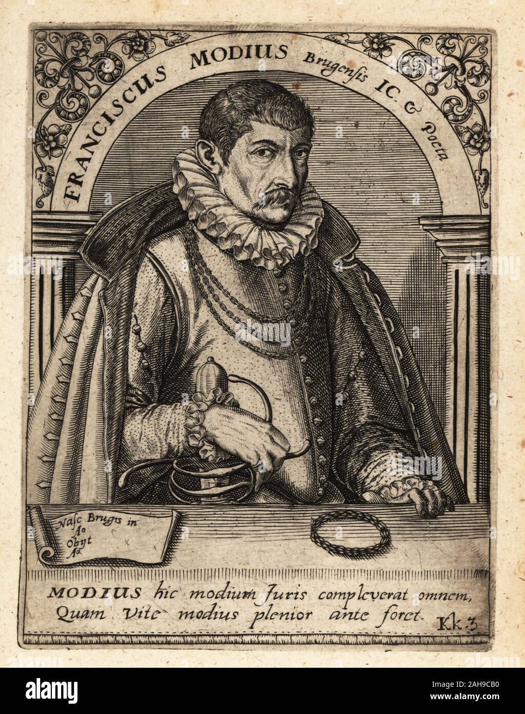 François Modius, canon flamand, juriste et humaniste, 1556-1597. Franciscus Modius. Brugensis IC et Poeta. La gravure sur cuivre de Johann Theodore de Bry de la Bibliotheca chalcographica Jean-Jacques Boissard, Johann Ammonius, Francfort, 1650. Banque D'Images