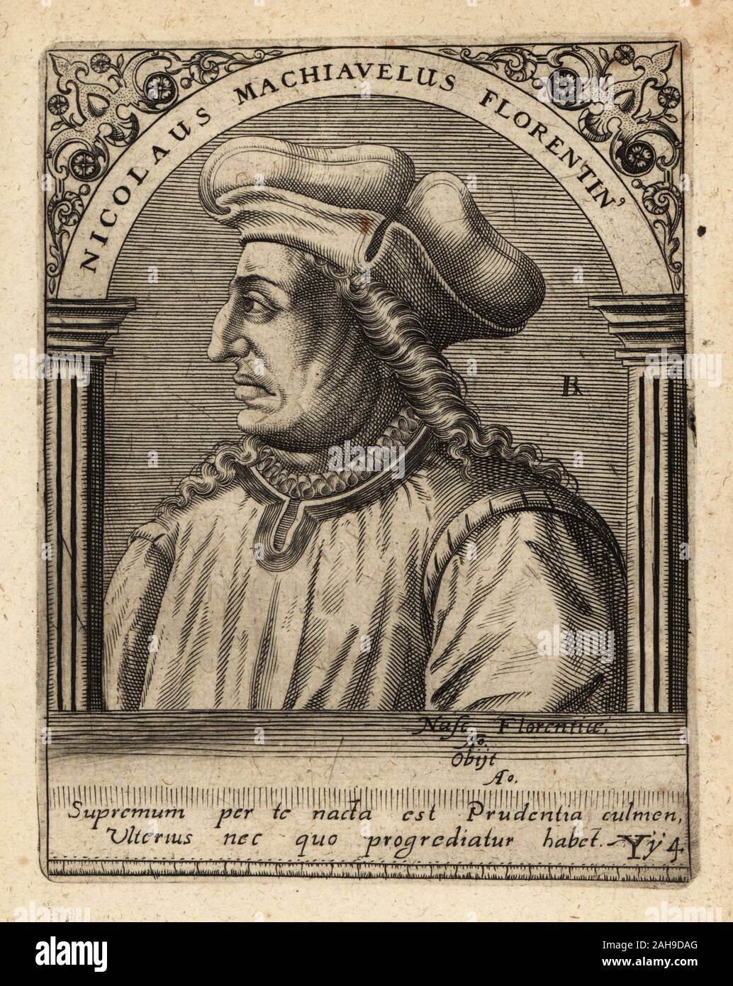 Niccolò di Bernardo dei Machiavelli, diplomate, homme politique, historien, philosophe, écrivain, dramaturge et poète de la Renaissance, 1469-1527. Nicolaus Machiavelus Florentinus. La gravure sur cuivre de Johann Theodore de Bry de la Bibliotheca chalcographica Jean-Jacques Boissard, Johann Ammonius, Francfort, 1650. Banque D'Images