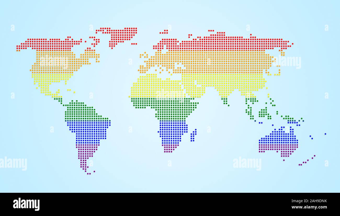 Carte du monde en pointillés avec le mouvement LGBT couleurs du drapeau arc-en-ciel sur fond bleu clair. Concept illustration haute résolution. Banque D'Images