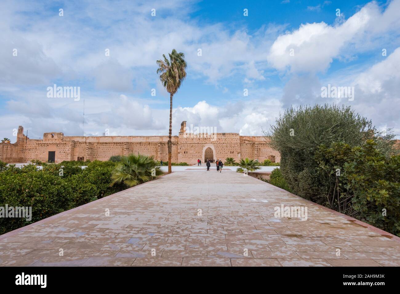 Si la Cour Palais El Badi datant de la dynastie saadienne, 16e siècle, ruines, Marrakech, Maroc, Afrique du Nord. Banque D'Images