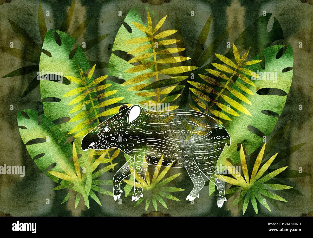 Tapir. Cochon avec un tronc de la jungle. Spirit Animal. Illustration en noir et blanc. Silhouette avec répétitions. Banque D'Images