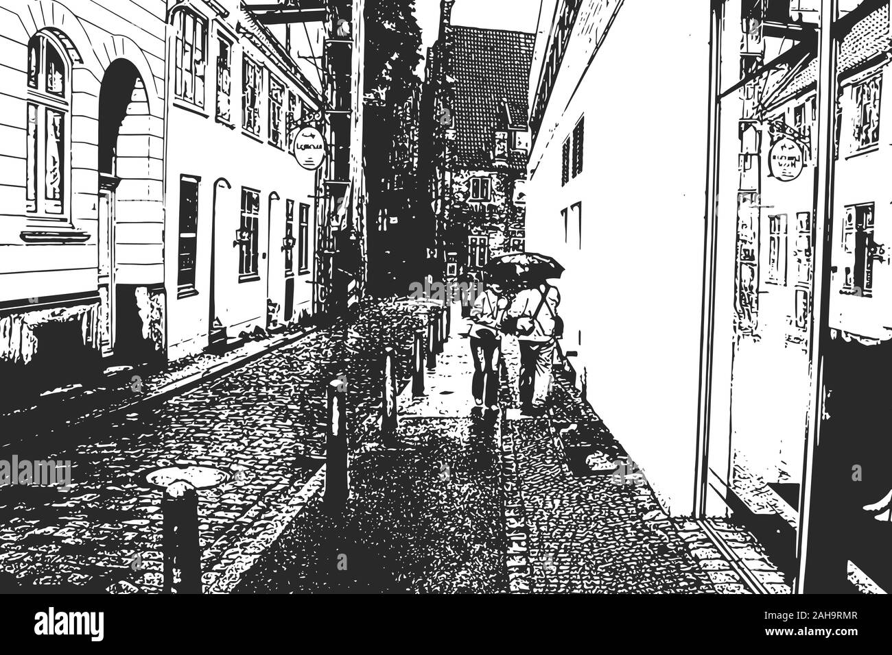Les Rues pluvieuses de la vieille ville. Croquis à main vintage Illustration de Vecteur