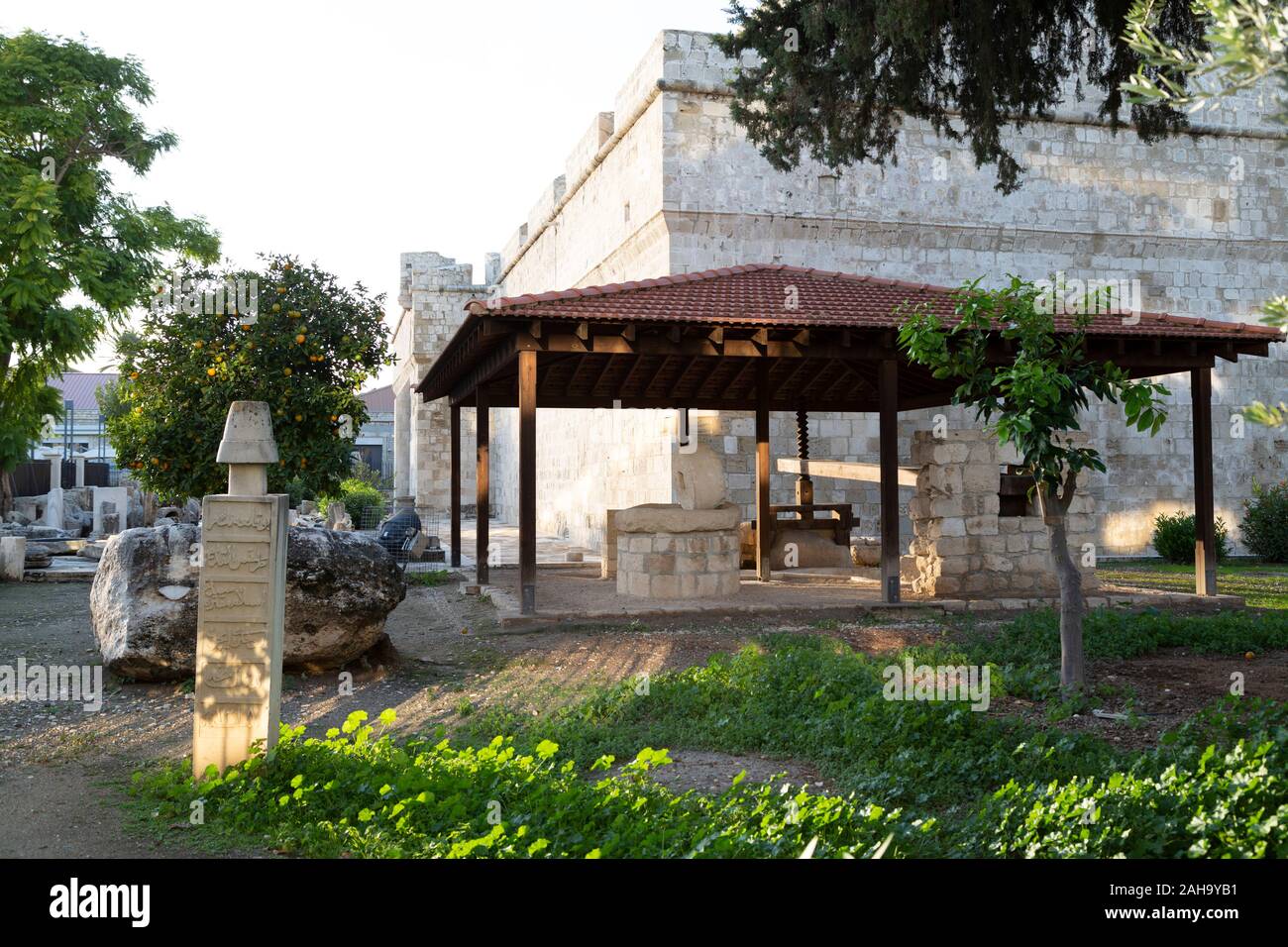 Instricption arabe et olive au château de Limassol, Chypre. Le château de Limassol a été construit à la fin du xvie siècle, quand Chypre était sous Ottoma Banque D'Images