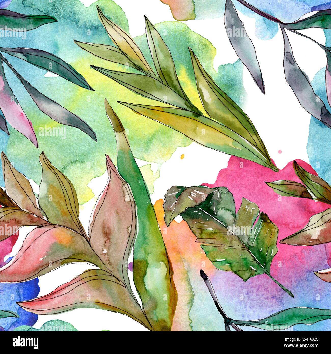 Hawaiian tropical exotique de l'été. Palm Beach de feuilles d'arbres jungle botanique. Illustration à l'aquarelle. Aquarelle Dessin aquarelle. Background transparent Banque D'Images