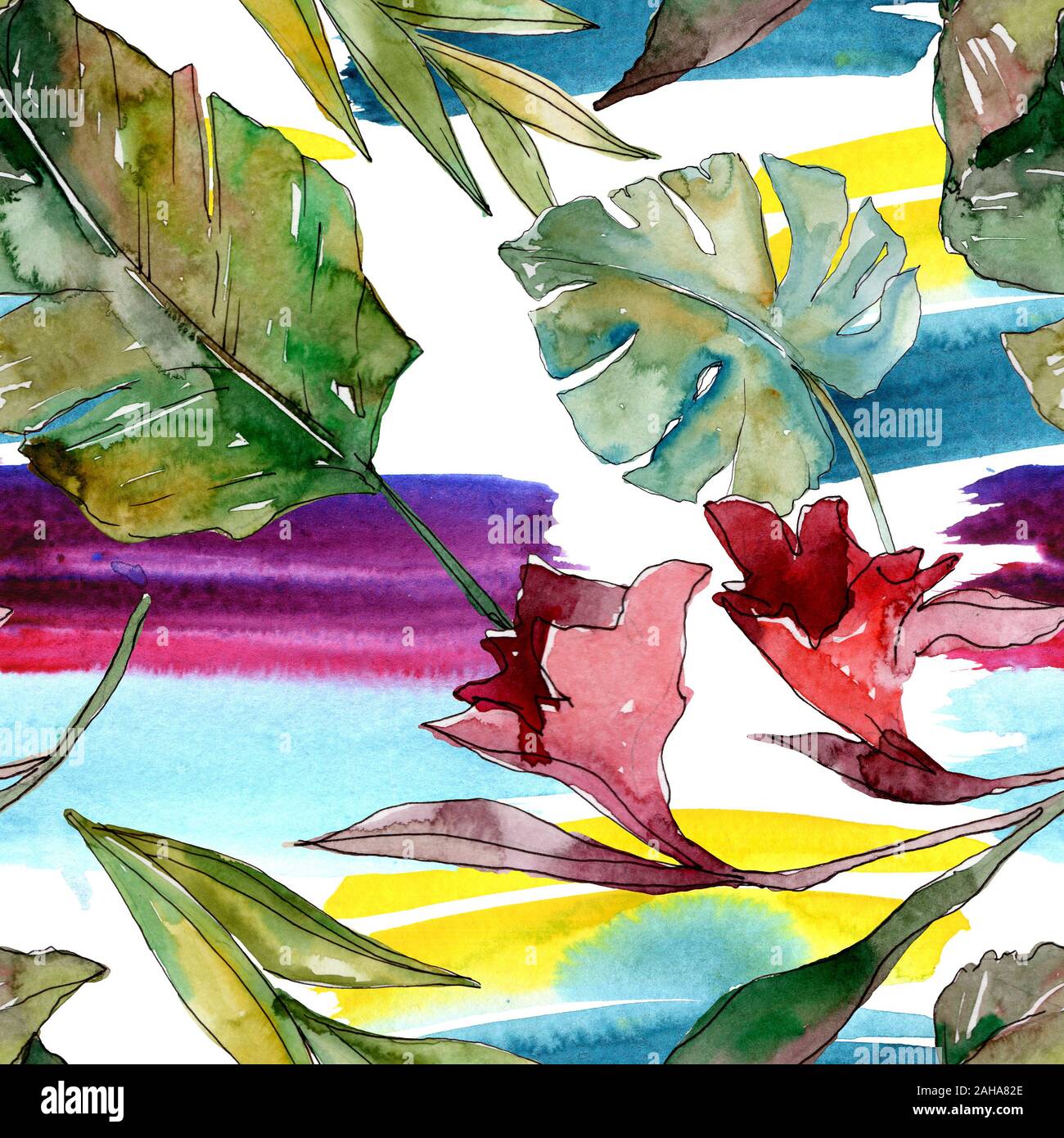 Hawaiian tropical exotique de l'été. Palm Beach de feuilles d'arbres jungle botanique. Illustration à l'aquarelle. Aquarelle Dessin aquarelle. Background transparent Banque D'Images