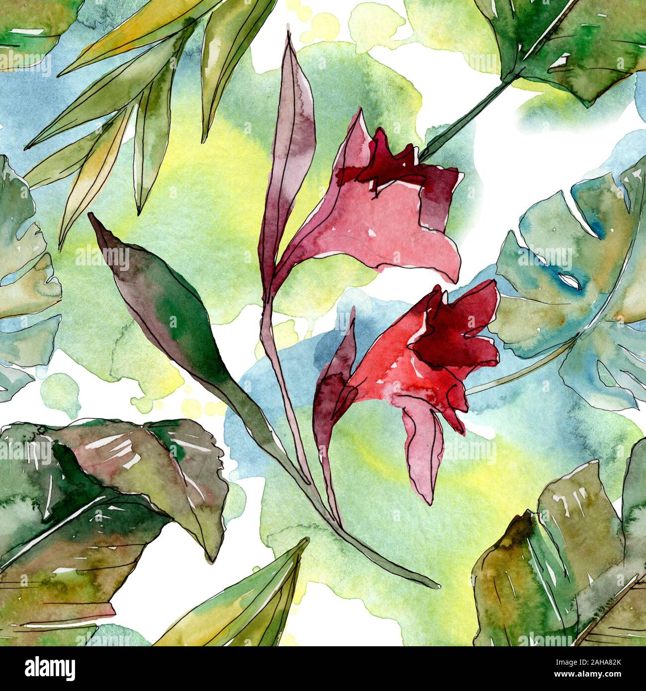 Hawaiian tropical exotique de l'été. Palm Beach de feuilles d'arbres jungle botanique. Illustration à l'aquarelle. Aquarelle Dessin aquarelle. Background transparent Banque D'Images