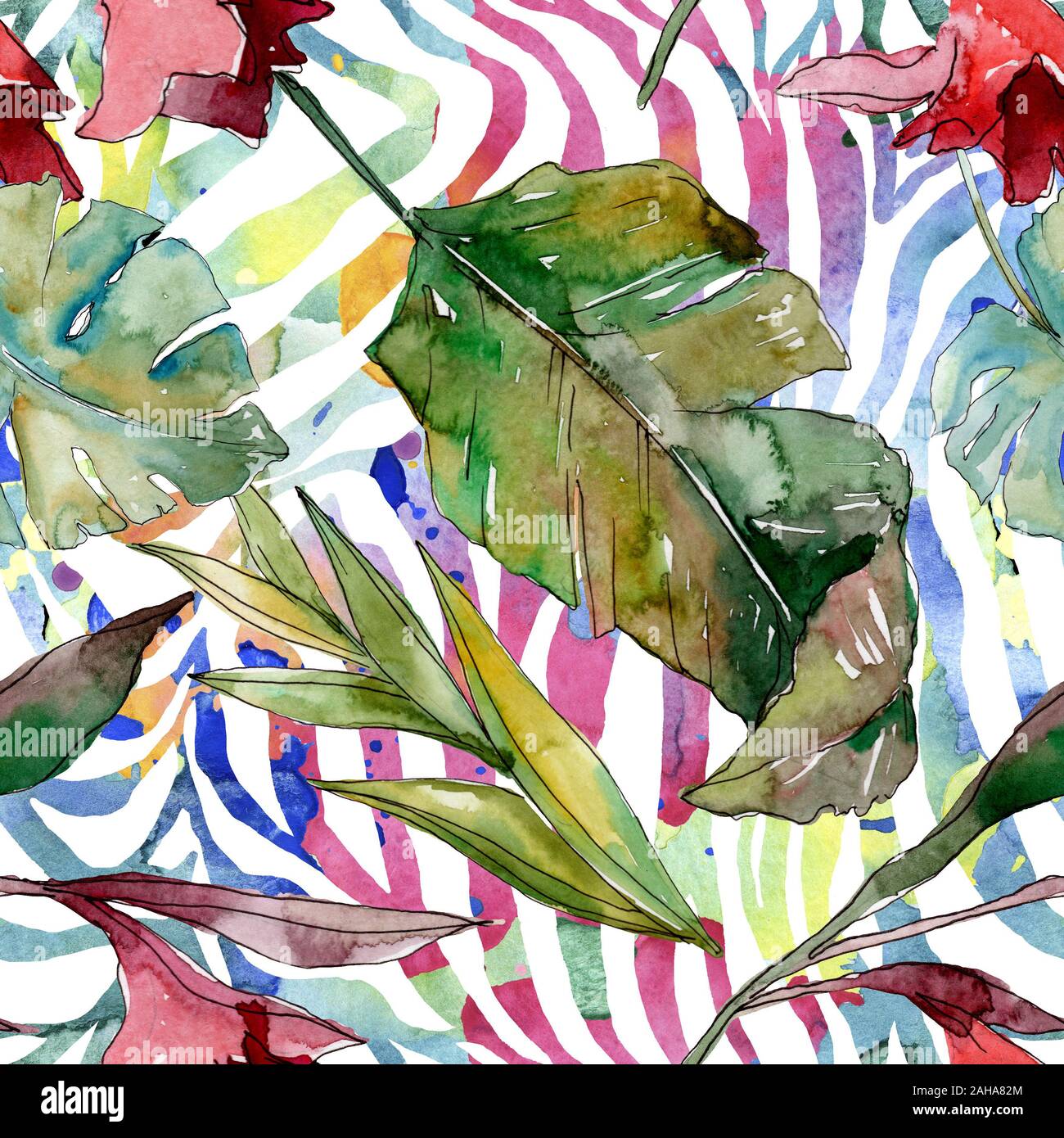 Hawaiian tropical exotique de l'été. Palm Beach de feuilles d'arbres jungle botanique. Illustration à l'aquarelle. Aquarelle Dessin aquarelle. Background transparent Banque D'Images