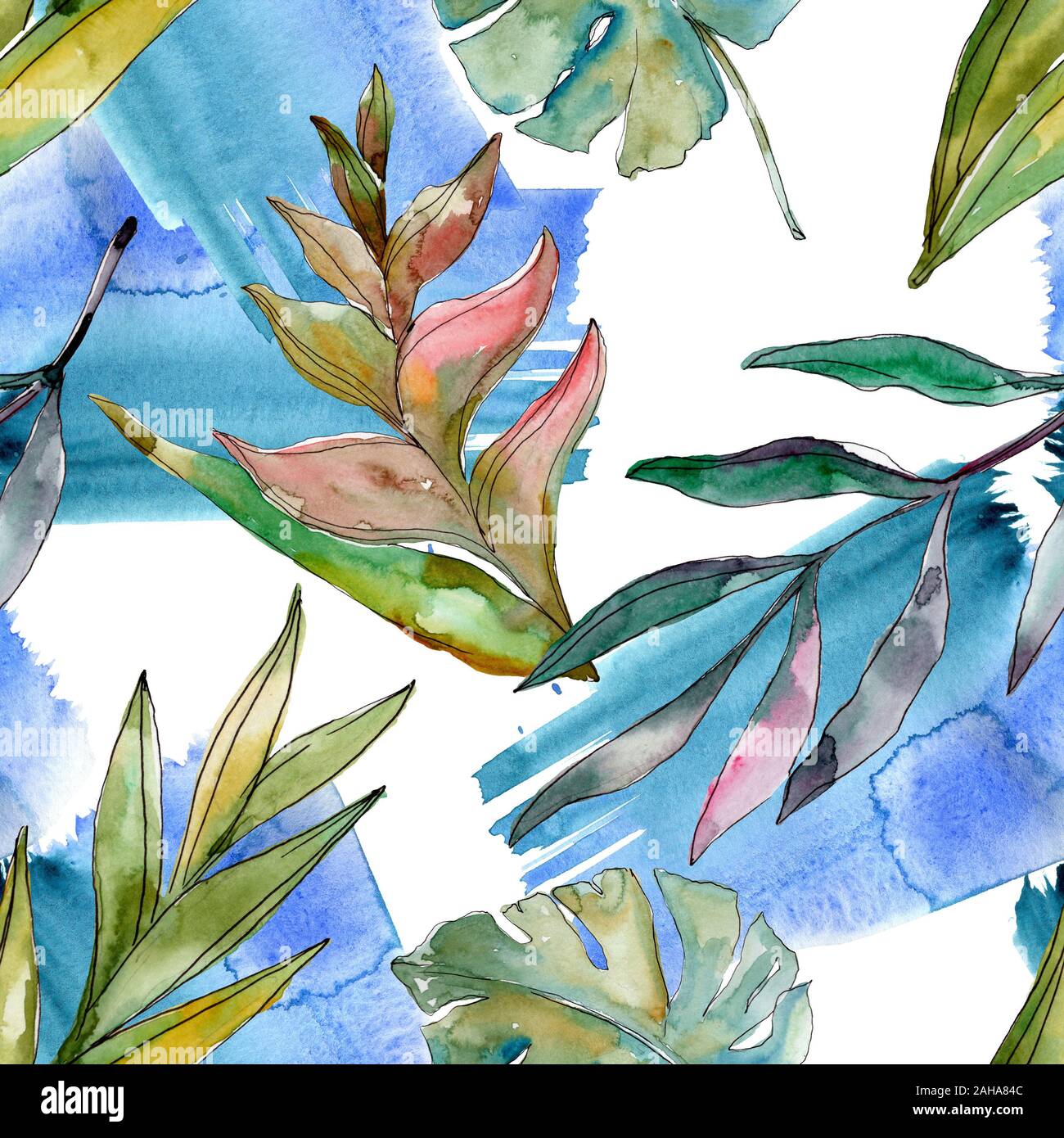 Hawaiian tropical exotique de l'été. Palm Beach de feuilles d'arbres jungle botanique. Illustration à l'aquarelle. Aquarelle Dessin aquarelle. Background transparent Banque D'Images