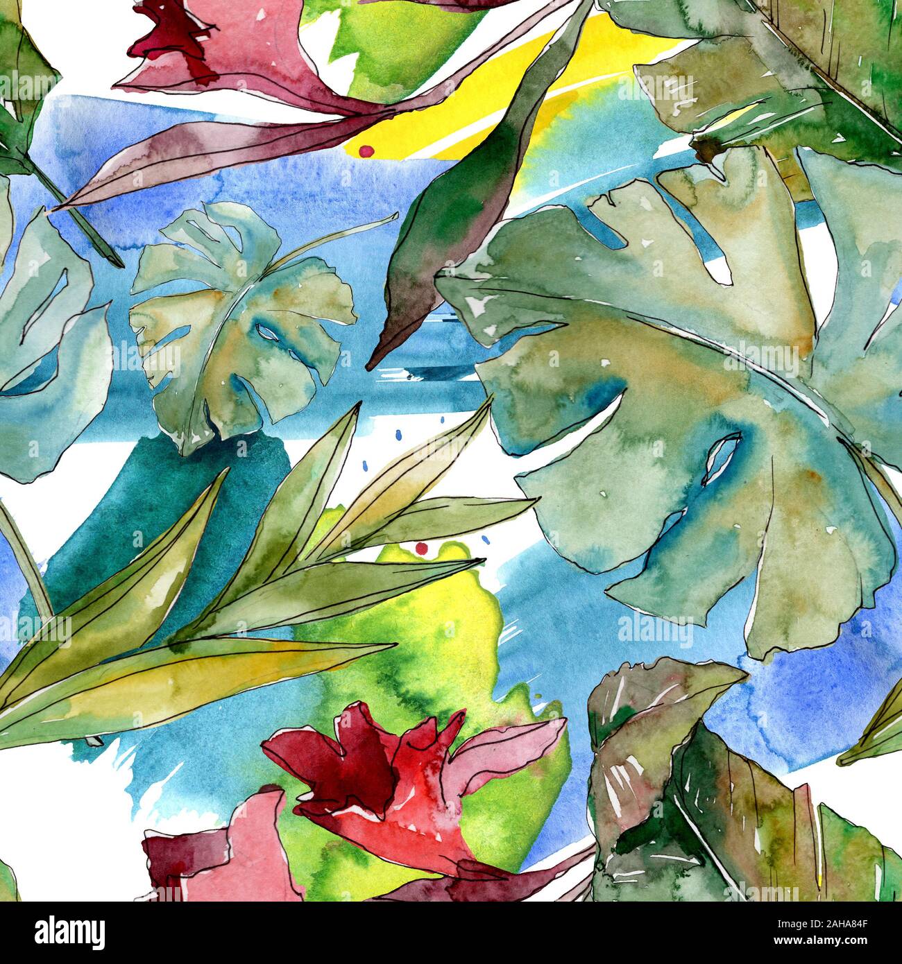 Hawaiian tropical exotique de l'été. Palm Beach de feuilles d'arbres jungle botanique. Illustration à l'aquarelle. Aquarelle Dessin aquarelle. Background transparent Banque D'Images