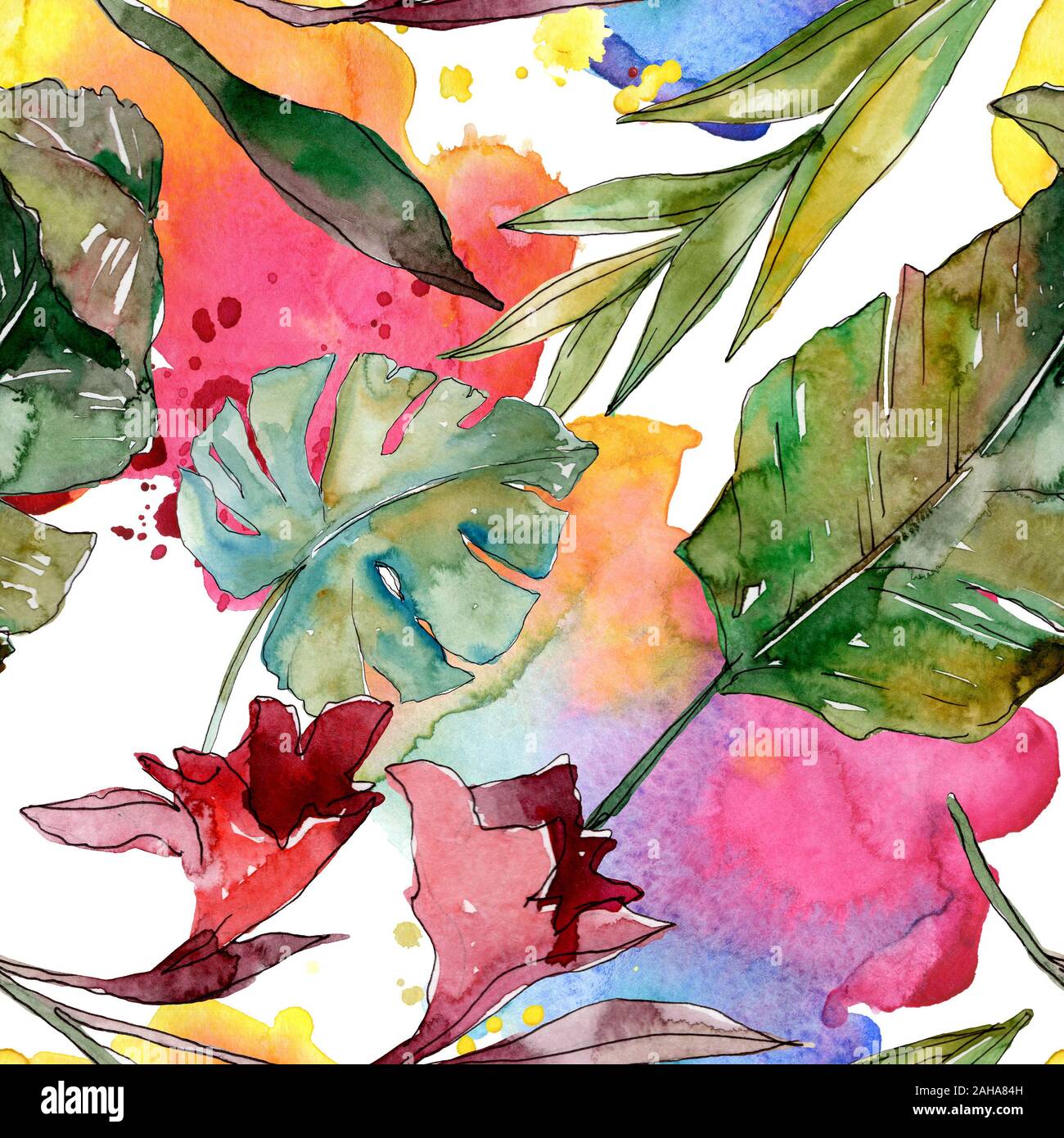 Hawaiian tropical exotique de l'été. Palm Beach de feuilles d'arbres jungle botanique. Illustration à l'aquarelle. Aquarelle Dessin aquarelle. Background transparent Banque D'Images