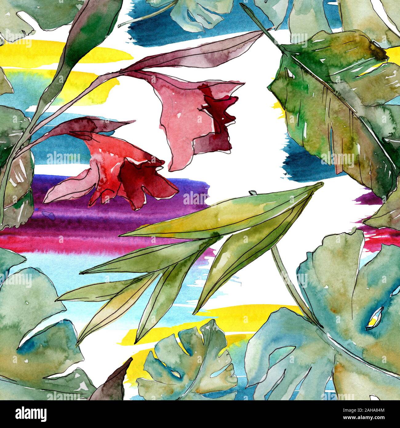 Hawaiian tropical exotique de l'été. Palm Beach de feuilles d'arbres jungle botanique. Illustration à l'aquarelle. Aquarelle Dessin aquarelle. Background transparent Banque D'Images