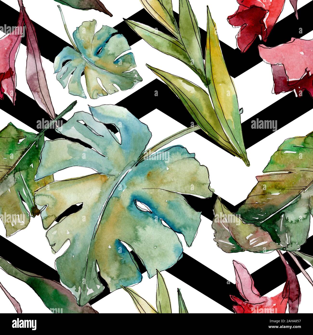 Hawaiian tropical exotique de l'été. Palm Beach de feuilles d'arbres jungle botanique. Illustration à l'aquarelle. Aquarelle Dessin aquarelle. Background transparent Banque D'Images