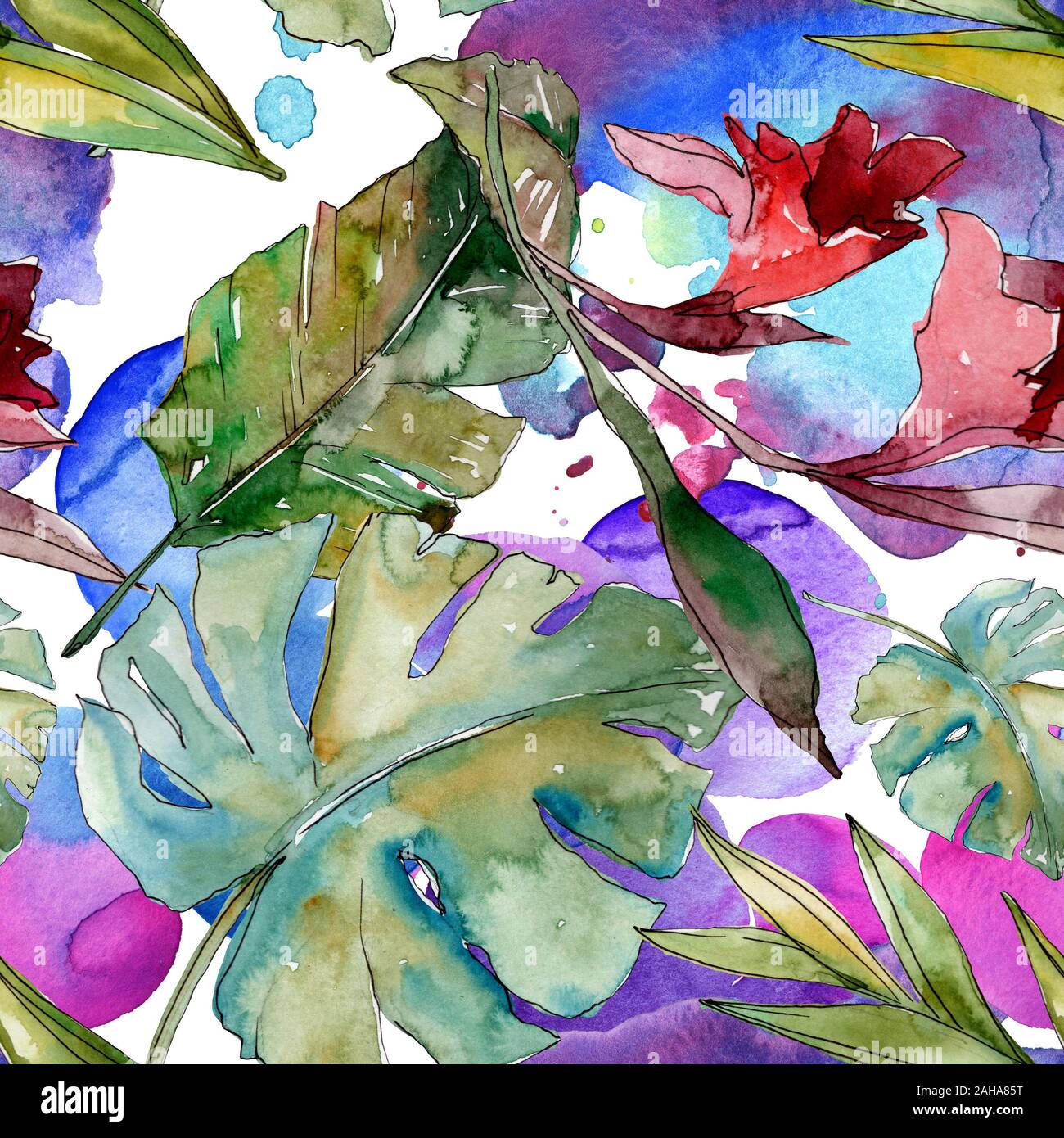 Hawaiian tropical exotique de l'été. Palm Beach de feuilles d'arbres jungle botanique. Illustration à l'aquarelle. Aquarelle Dessin aquarelle. Background transparent Banque D'Images