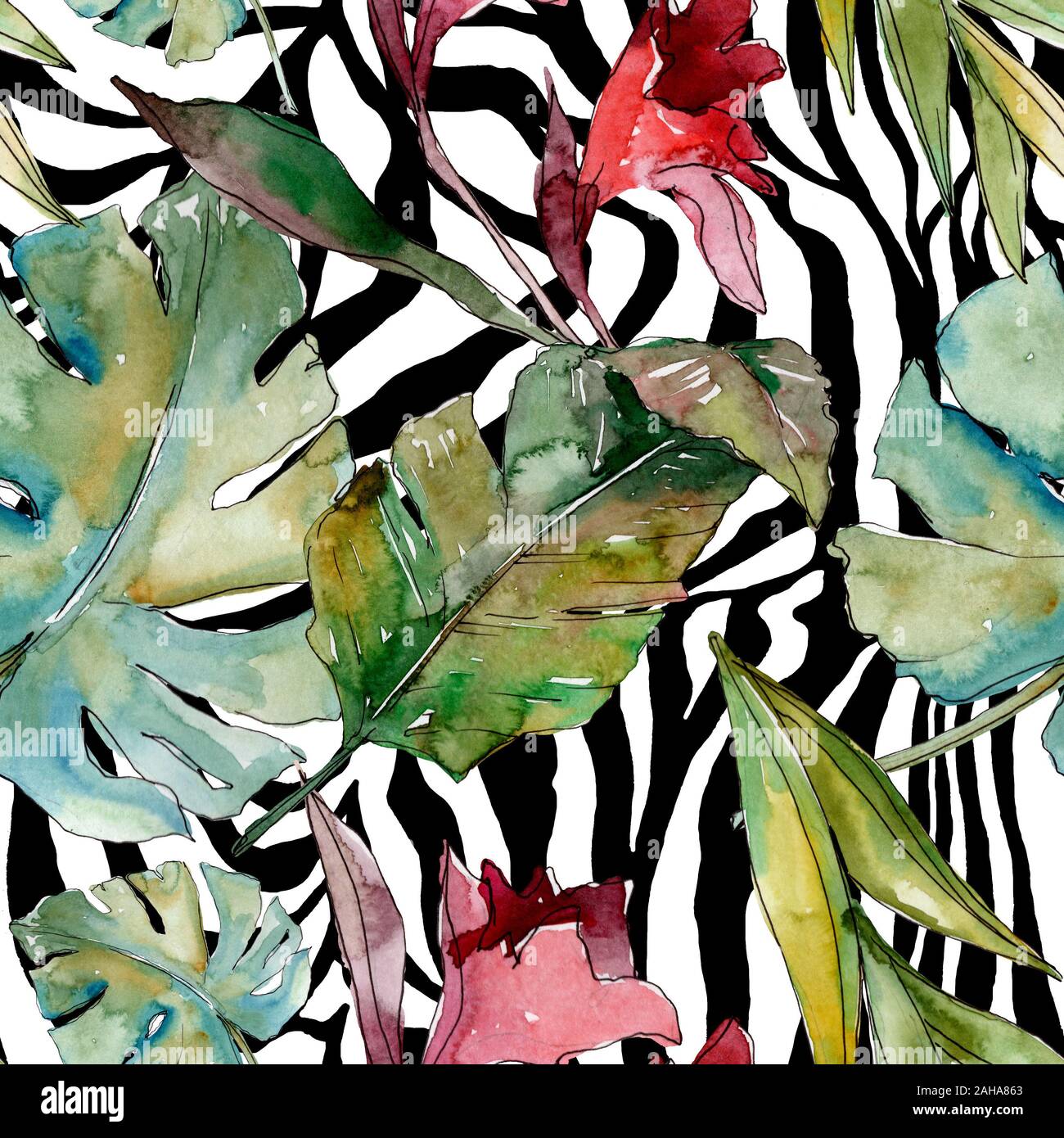 Hawaiian tropical exotique de l'été. Palm Beach de feuilles d'arbres jungle botanique. Illustration à l'aquarelle. Aquarelle Dessin aquarelle. Background transparent Banque D'Images