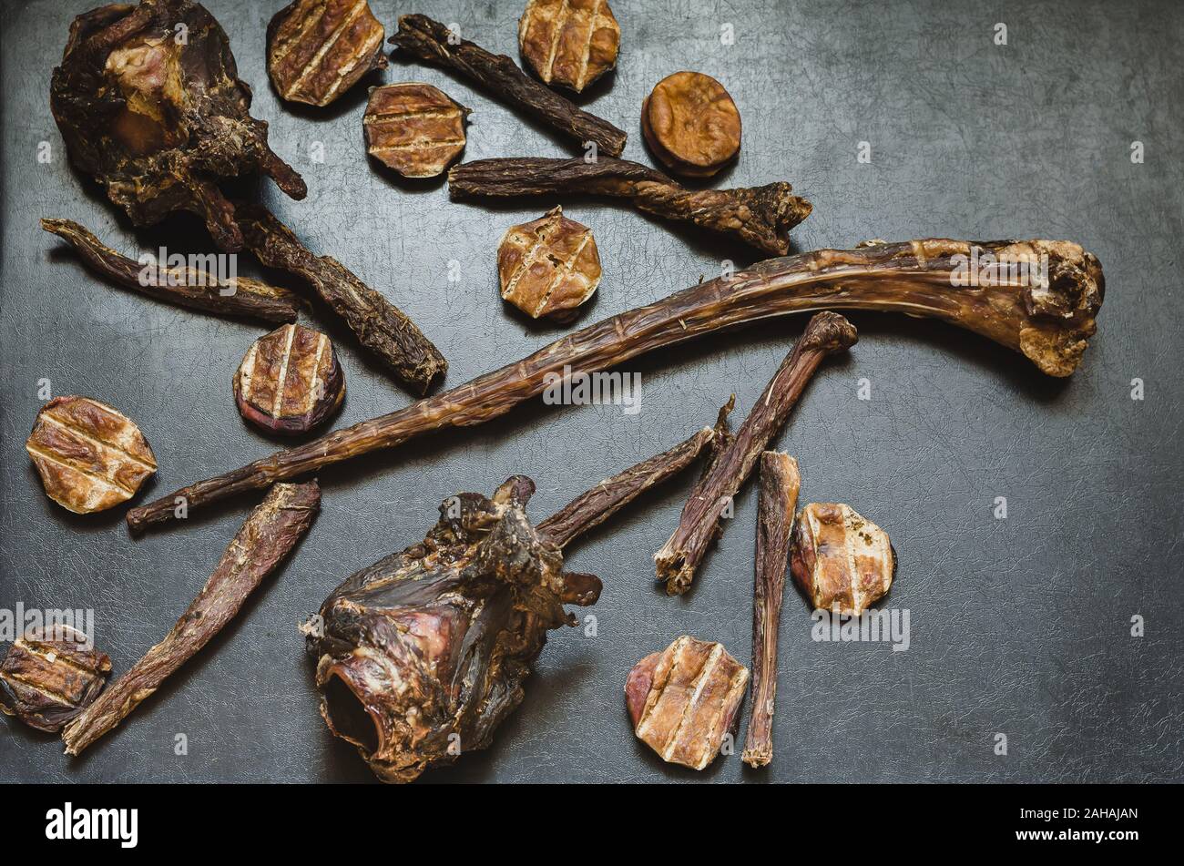 Image d'une branche d'arbre avec feuilles et fruits disposés de gâteries pour chiens. Les gâteries pour chiens naturelles sur un fond sombre. Pet Care. Supplie Pet Banque D'Images