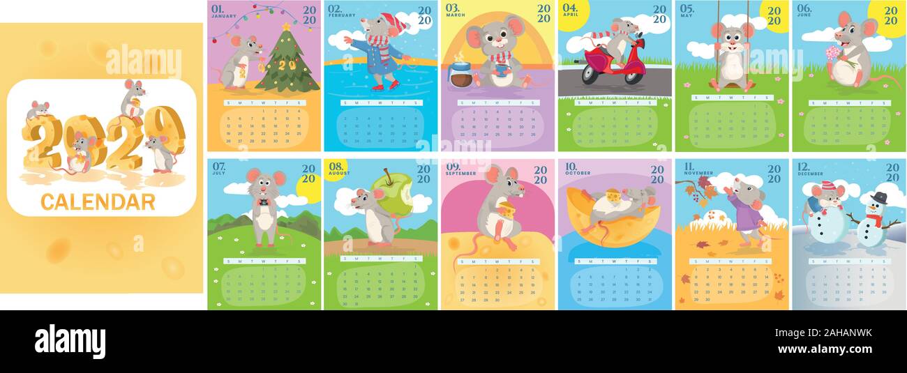 Calendrier mensuel 2020 créatif avec des rats ou des souris. Symbole de l'année dans le calendrier chinois. Illustration de Vecteur