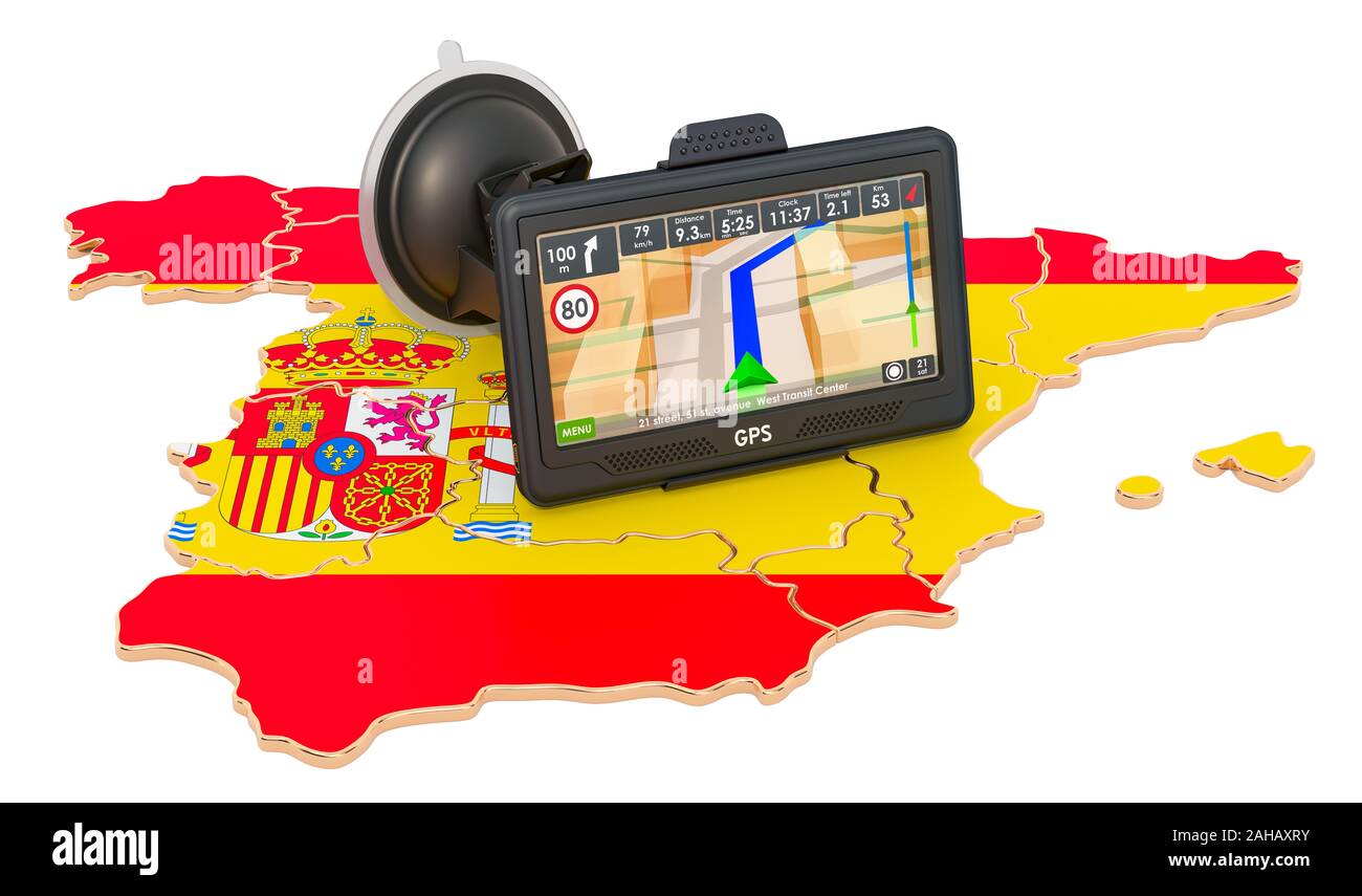 La navigation GPS en Espagne, rendu 3D isolé sur fond blanc Banque D'Images