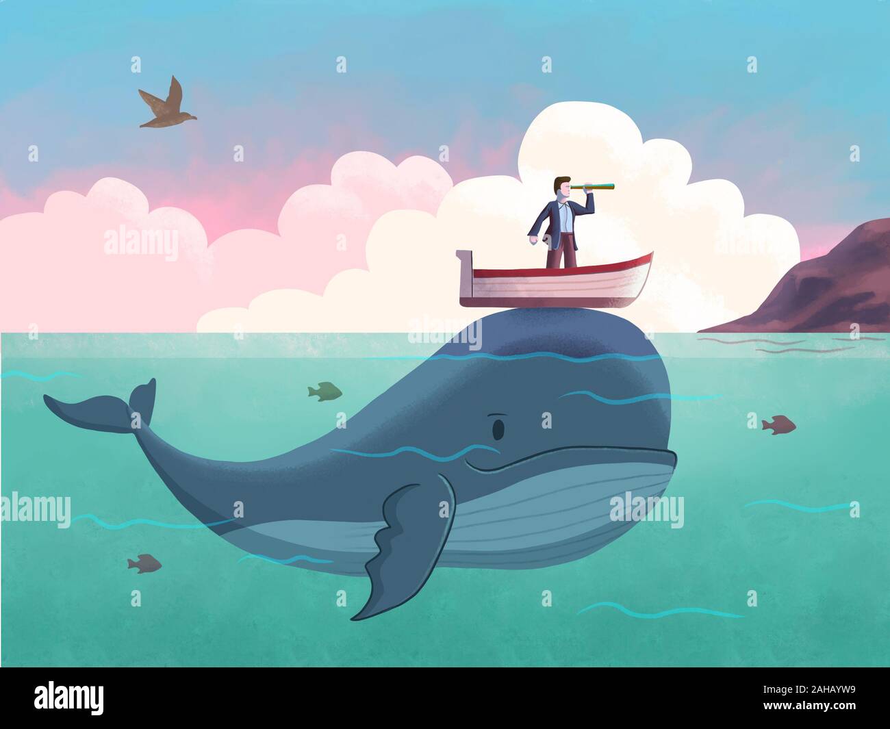 L'homme avec son bateau, c'est la voile la mer au sommet d'un mignon petit rorqual bleu. Illustration numérique. Banque D'Images