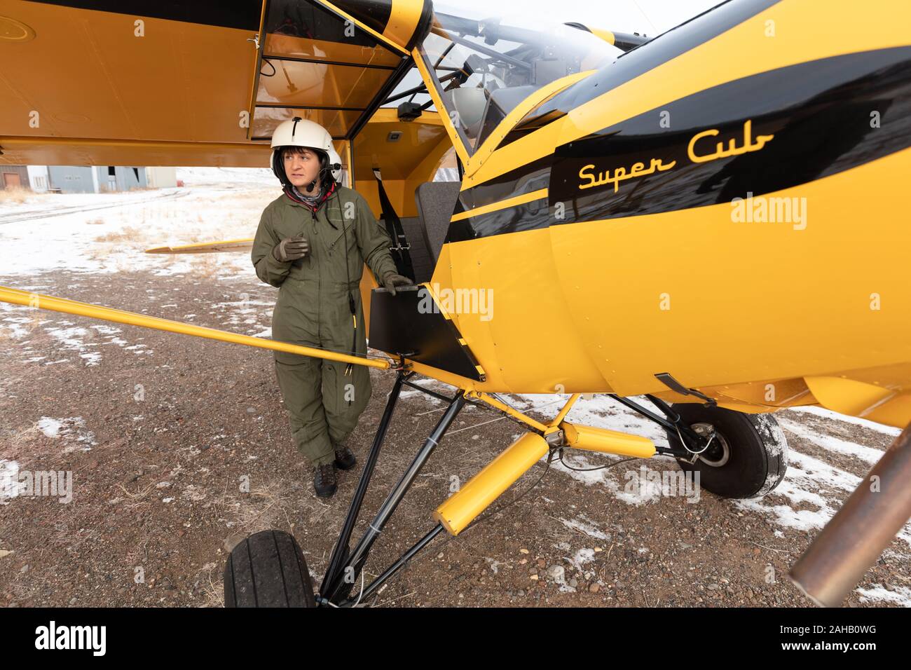Les biologistes du parc de loup de l'équipage de l'étude se préparent à décoller dans un Piper Super Cub avion pour effectuer un relevé aérien des meutes à Parc National de Yellowstone dans le Wyoming, Yellowstone. Banque D'Images